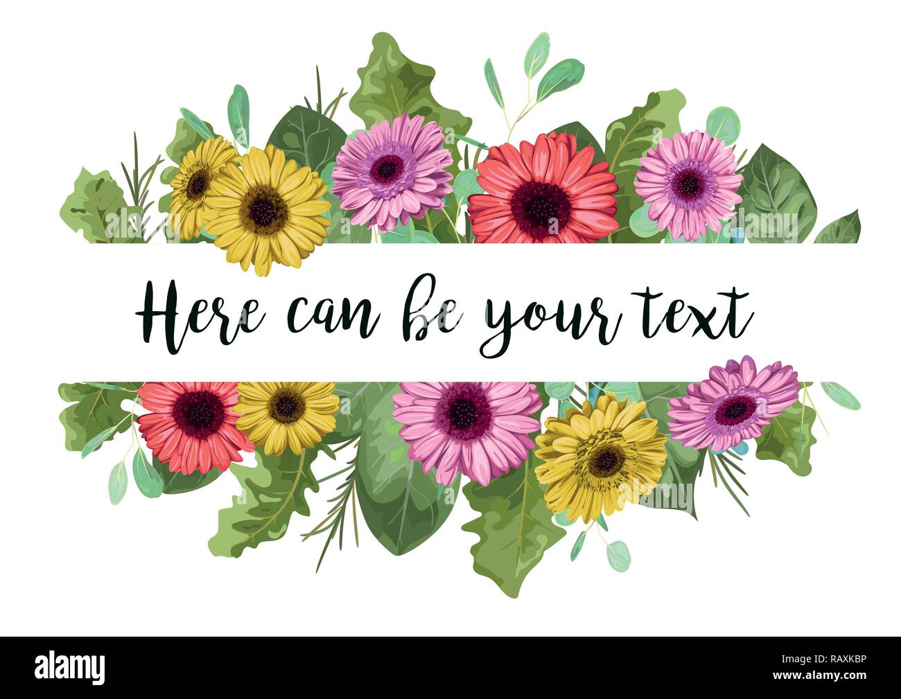 Vettore colorata ad acquerello gerbera e rami di eucalipto isolato su sfondo bianco con un telaio orizzontale per un'iscrizione. Per quanto riguarda Wedding invi Illustrazione Vettoriale