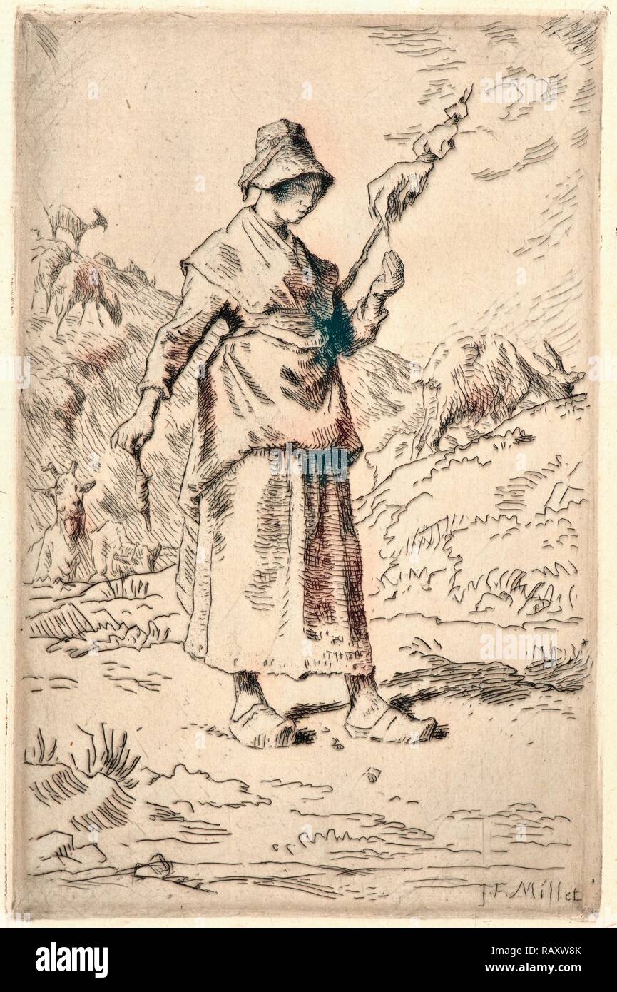 Jean-François Millet (francese, 1814 - 1875). Il filatore (La Fileuse Auvergnate), 1868-1869. Acquaforte su carta vergata reinventato Foto Stock