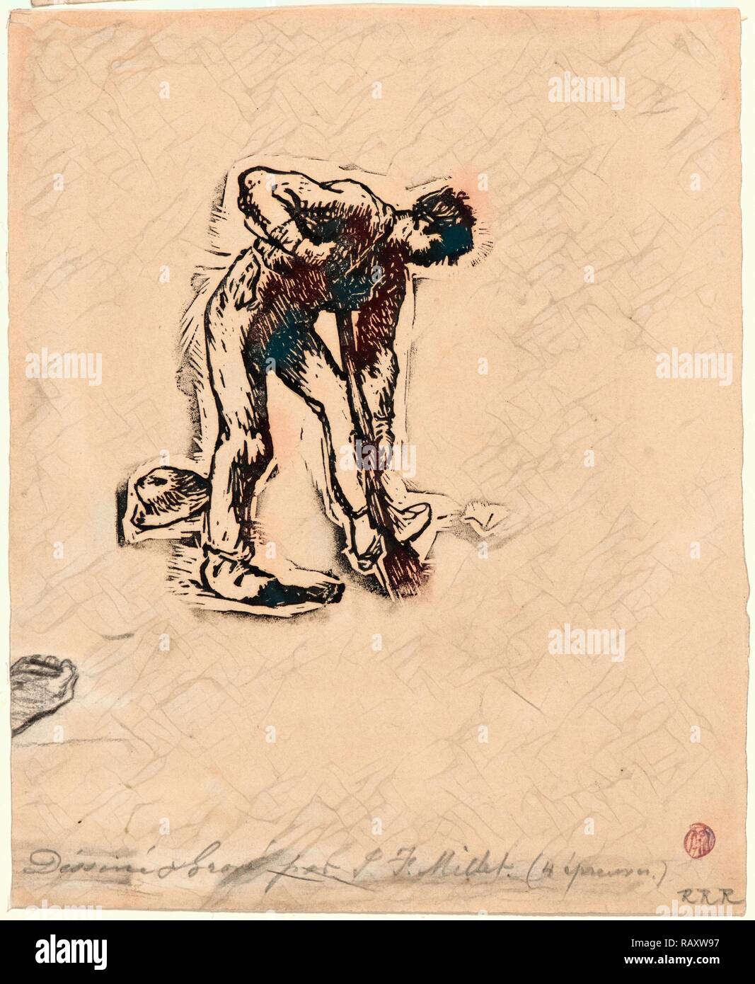 Jean-François Millet (francese, 1814 - 1875). Scavo contadina (Bêcheur au travail), 1863. Xilografia con matita studio di reinventato Foto Stock