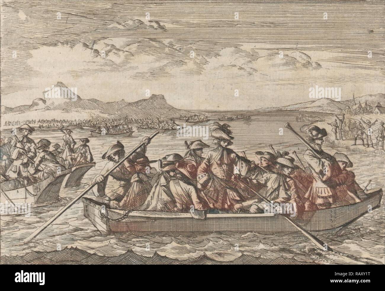 Valdesi inseguito dai Savoia che attraversa il lago di Ginevra in barche a ritornare al loro paese, 1689, Svizzera. Reinventato Foto Stock