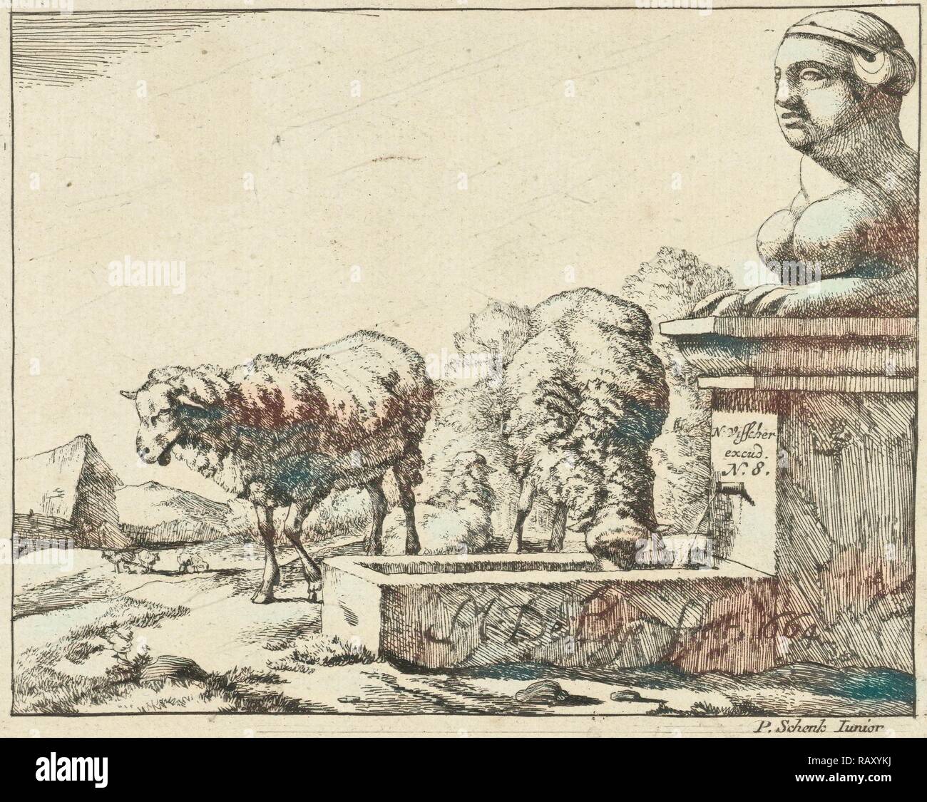 Due pecore in un trogolo di Marcus de Bye, Pieter Schenk (II), Nicolaes Visscher (MI), 1664. Reinventato da Gibon. Classic reinventato Foto Stock