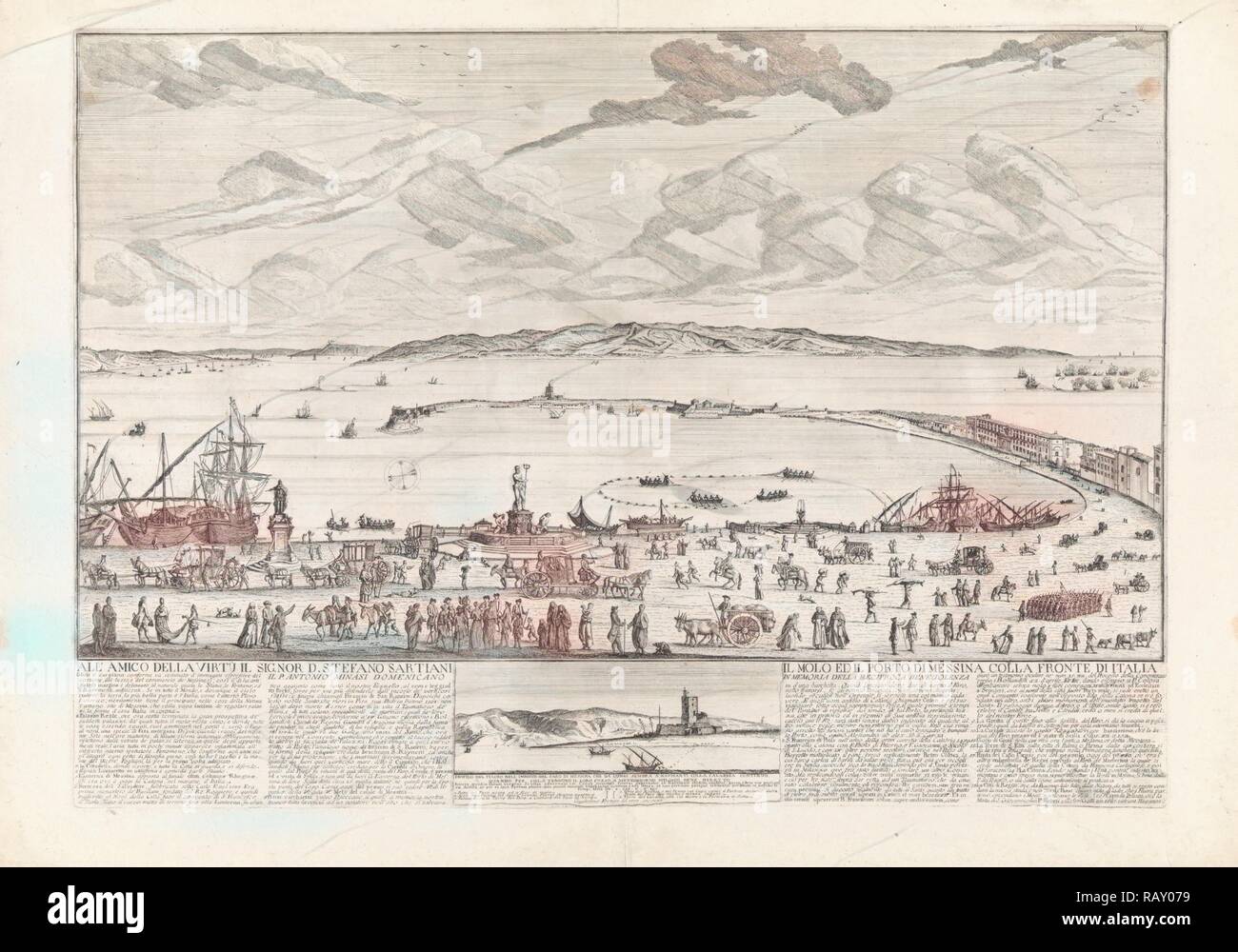 Vista della marina e le strade di Messina, Willem Fortuyn, 1777. Reinventato da Gibon. Arte Classica con un moderno reinventato Foto Stock