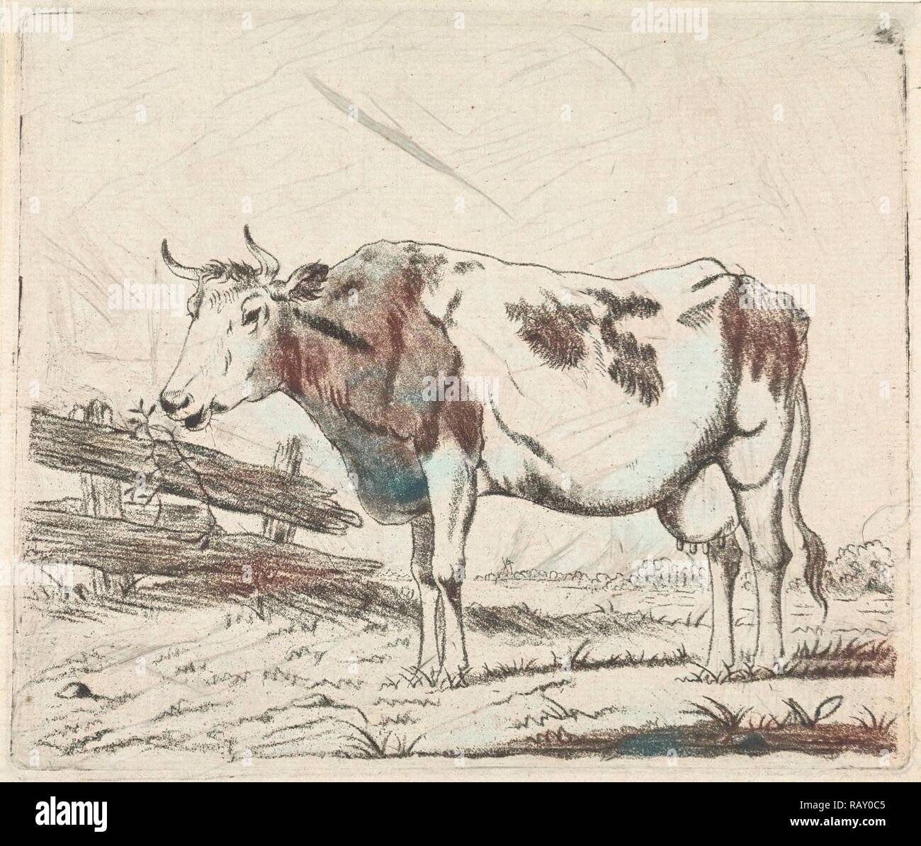 Vacca a recinzione, Pieter Janson, 1780 - 1851. Reinventato da Gibon. Arte Classica con un tocco di moderno reinventato Foto Stock