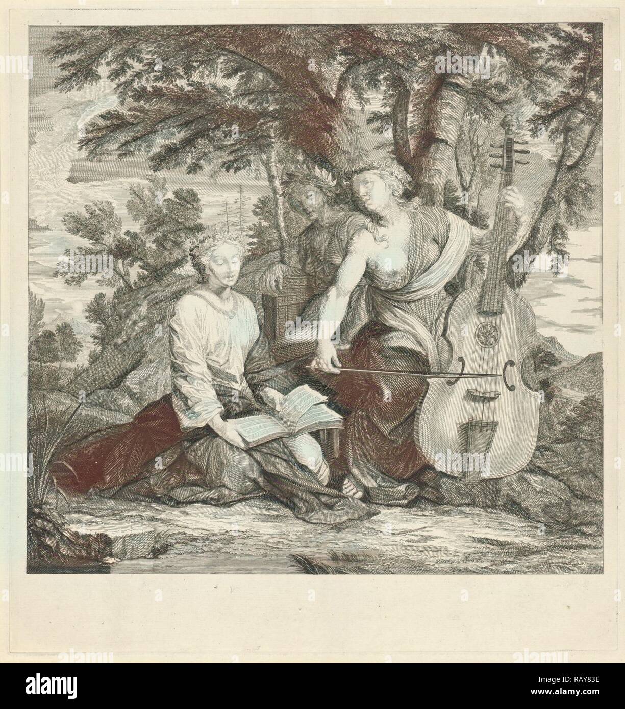 Paesaggio con tre far musica muse, Eustache Lesueur Bernard Picart, 1683 - 1733. Reinventato da Gibon. Classic reinventato Foto Stock