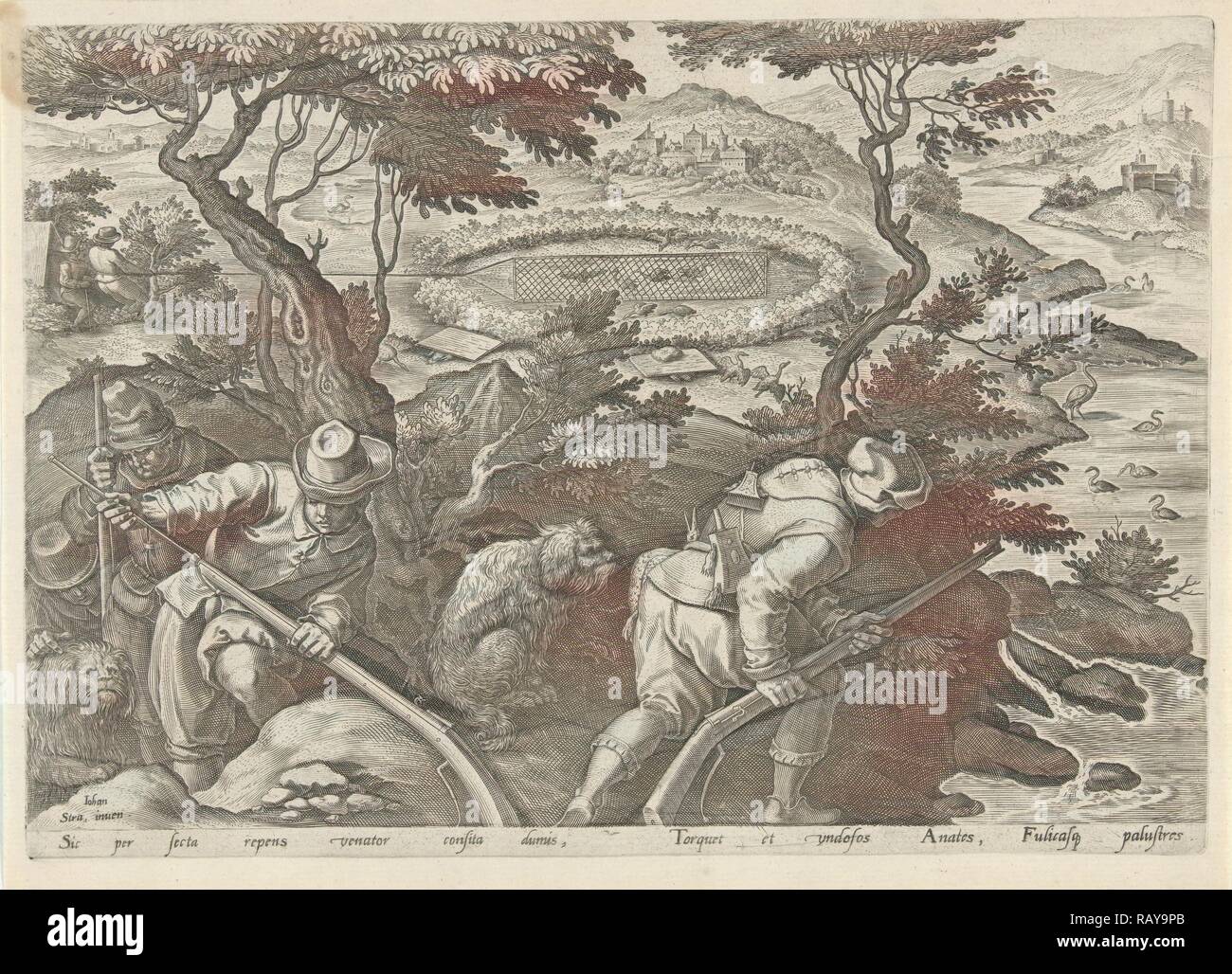 Duck Hunt, Philip Galle, 1578. Reinventato da Gibon. Arte Classica con un tocco di moderno reinventato Foto Stock