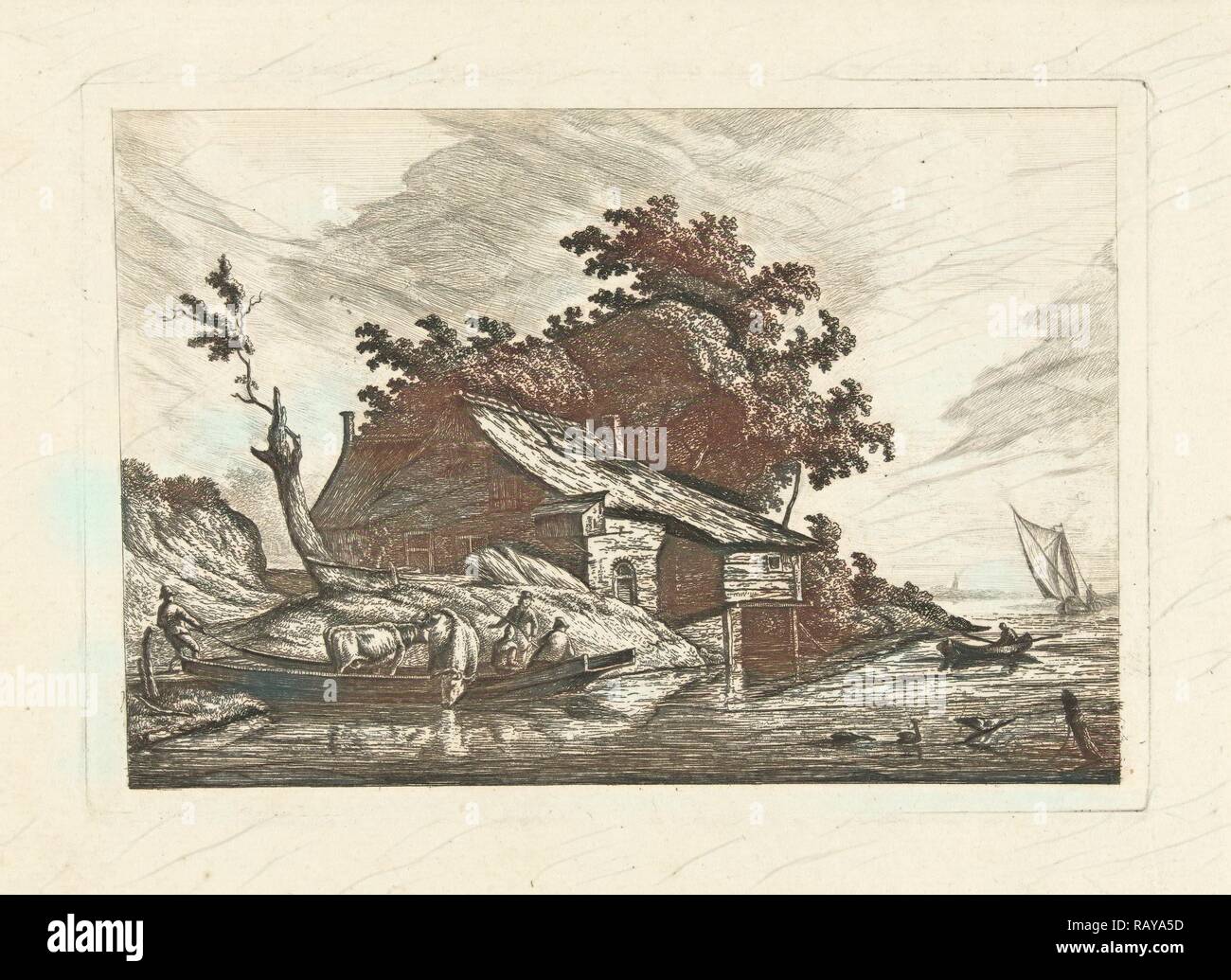 Paesaggio fluviale con un traghetto, Johannes van Cuylenburgh, 1803 - 1841. Reinventato da Gibon. Arte Classica con un moderno reinventato Foto Stock