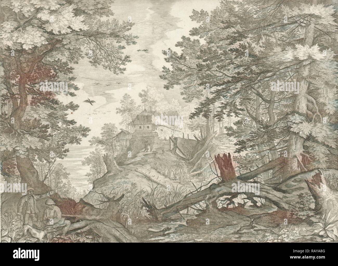 Paesaggio boscoso con due cacciatori e un cane, Egidio Sadeler, Roelant Savary, 1609. Reinventato da Gibon. Arte Classica reinventato Foto Stock