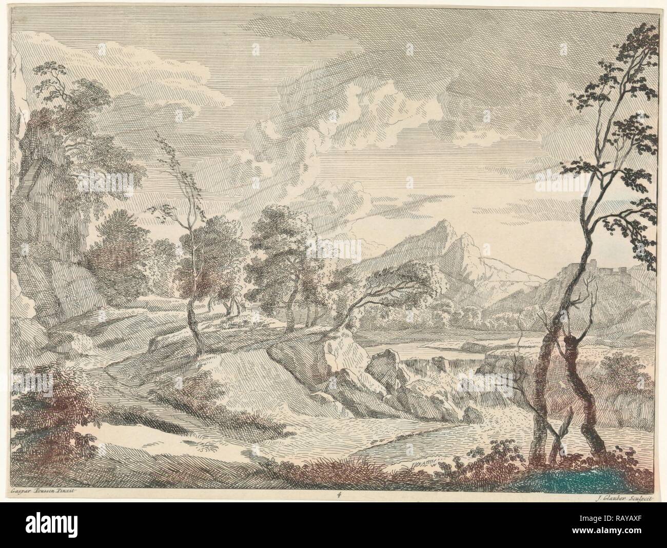 Un paesaggio collinare con una cascata, Johannes Glauber, 1656 - 1726. Reinventato da Gibon. Arte Classica con un tocco di moderno reinventato Foto Stock