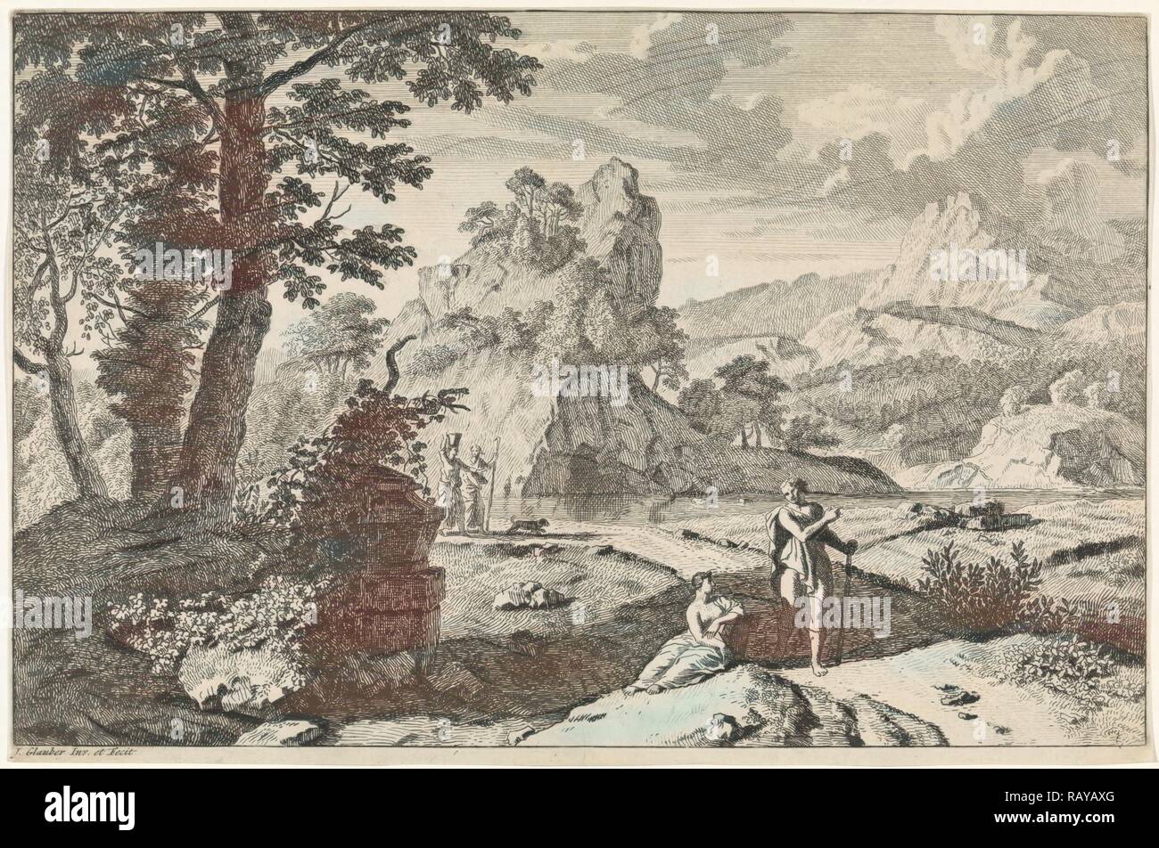 Paesaggio arcadico con rovine, stampa maker: Johannes Glauber, Johannes Glauber, 1656 - 1726. Reinventato Foto Stock