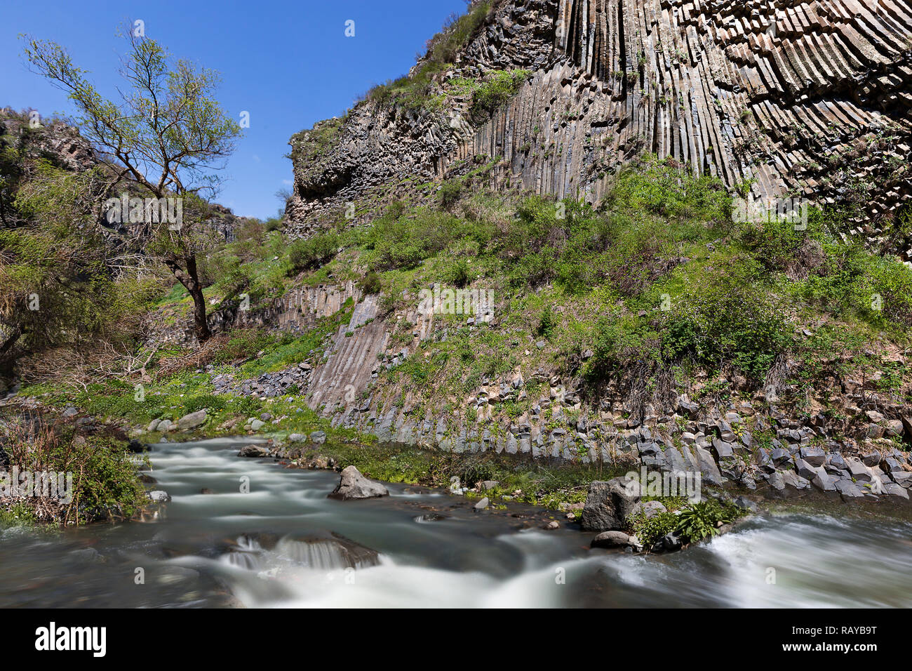 Il basalto formazioni rocciose note come sinfonia di pietre, in Garni, Armenia. Foto Stock