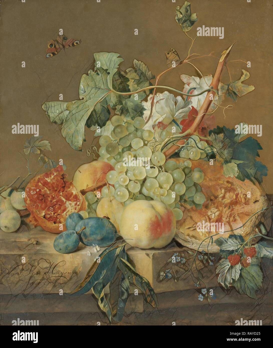 Natura morta con frutta, Jan van Huysum, 1700 - 1749. Reinventato da Gibon. Arte Classica con un tocco di moderno reinventato Foto Stock