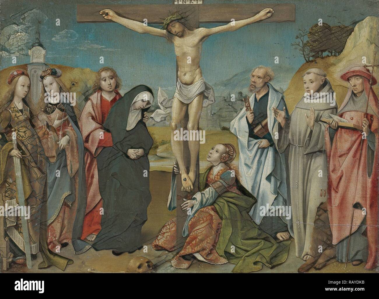 Cristo in croce con la Vergine, San Giovanni Maria Maddalena e i santi  Cecilia e Barbara, sinistra e Peter reinventato Foto stock - Alamy
