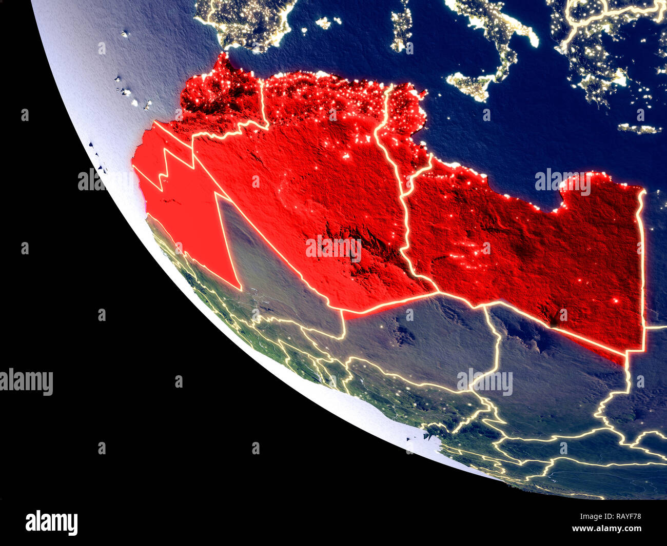 Vista orbita della regione del Maghreb di notte con luminose luci della citta'. Plastica dettagliato pianeta superficie. 3D'illustrazione. Gli elementi di questa immagine arredate Foto Stock