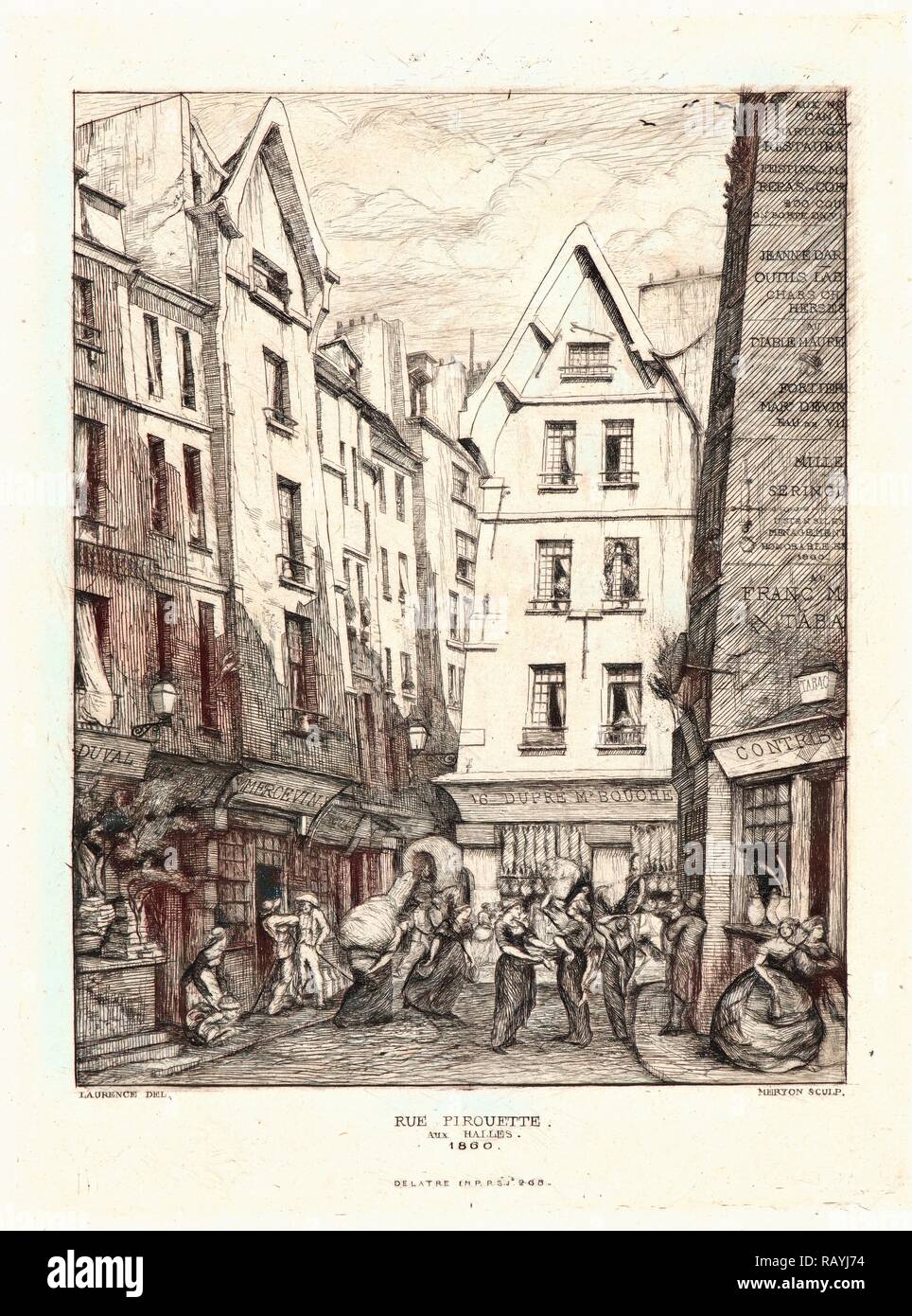 Charles Meryon (francese, 1821 - 1868). Piroettare Street, vicino ai mercati di Parigi (Rue piroettare aux Halles di Parigi reinventato Foto Stock