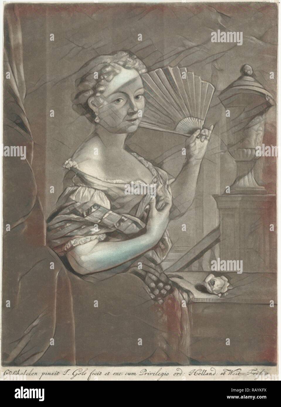 Giovane donna con ventola, Jacob Gole, 1670 - 1724. Reinventato da Gibon. Arte Classica con un tocco di moderno reinventato Foto Stock