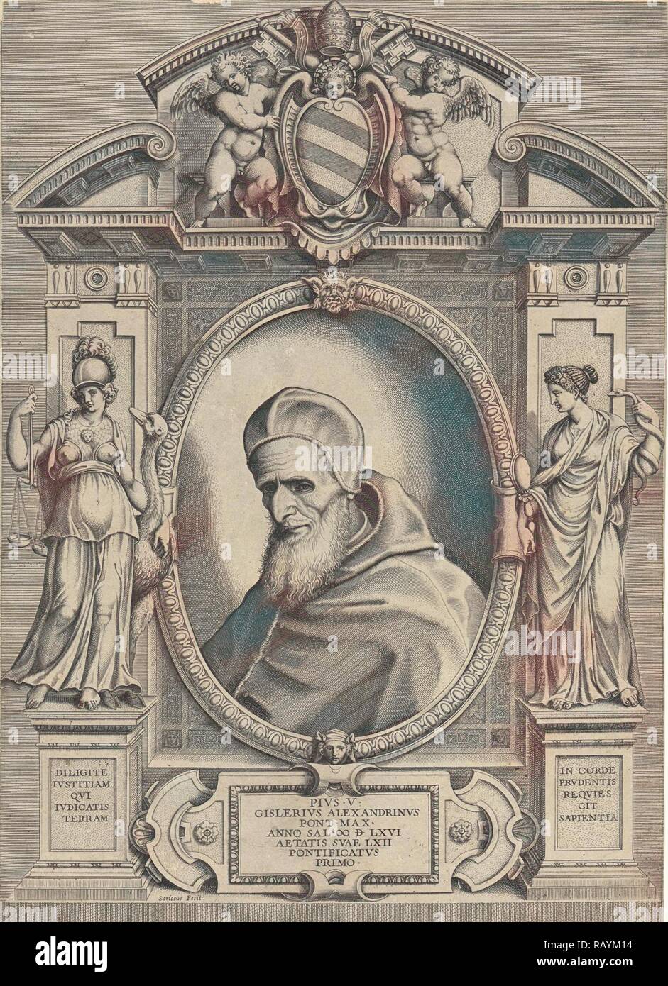 Ritratto di papa Pio V., Philippe de Soye, Antonio Lafreri, 1566. Reinventato da Gibon. Arte Classica con un moderno reinventato Foto Stock