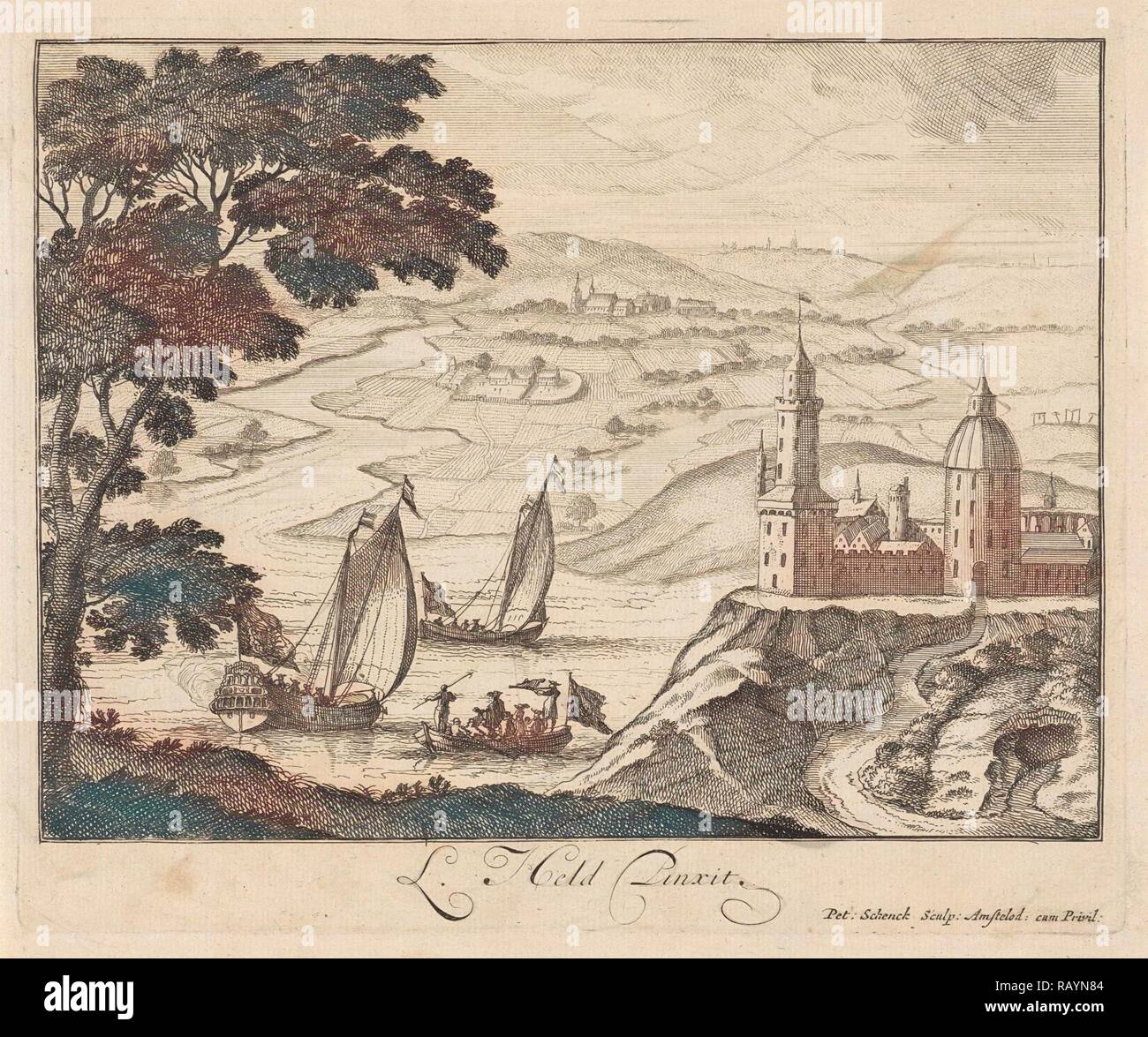 Paesaggio con fiume e castello sulla collina, Pieter Schenk (MI), sconosciuto, 1670 - 1711. Reinventato da Gibon. Arte Classica reinventato Foto Stock