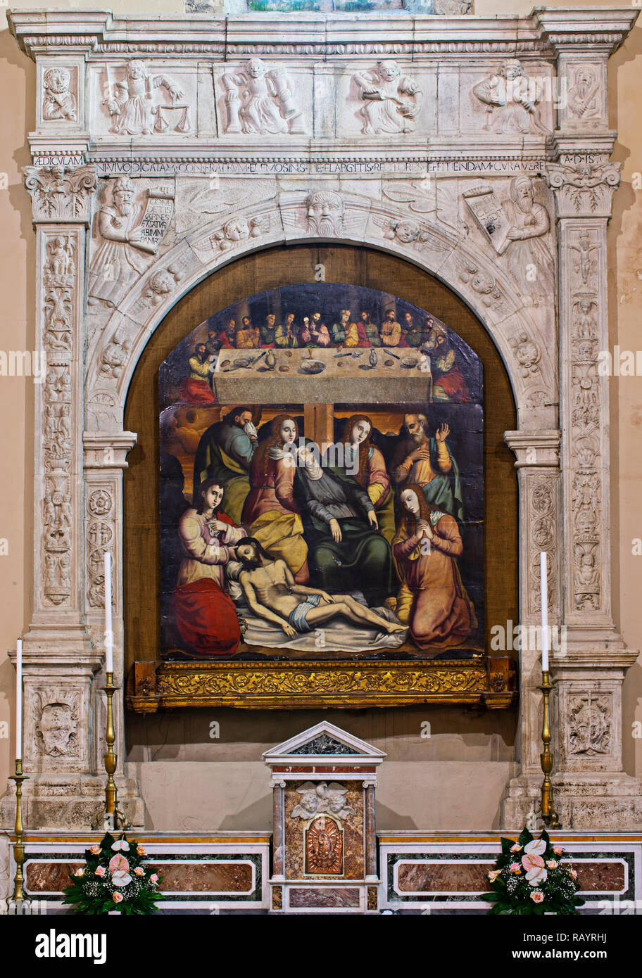Italia Basilicat Acerenza Cattedrale Santo pala dipinta tabella 'L'Ultima Cena e la Deposizione" (Antonio stabile) Foto Stock
