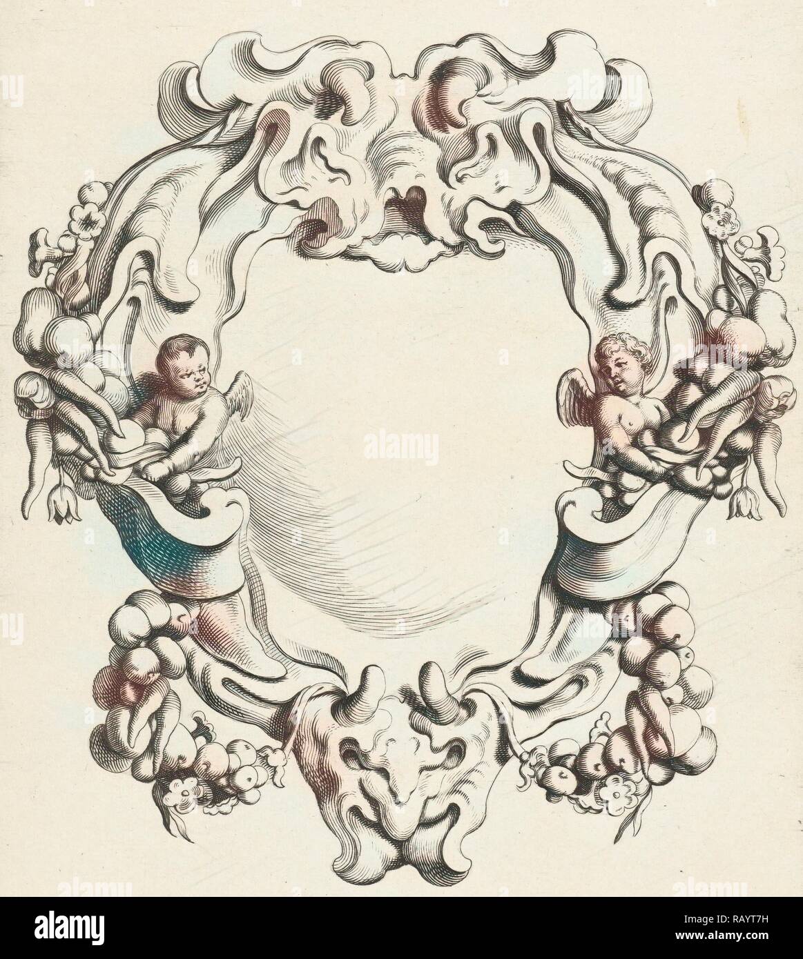Cartiglio con lobo ornamento con due putti, stampa maker: Michiel Mosijn, Gerbrand van den Eeckhout, Clemente de reinventato Foto Stock