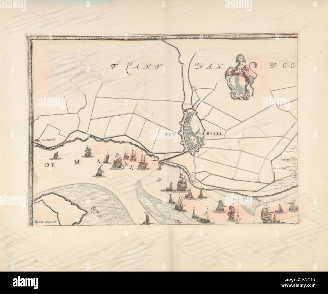 Mappa di Brielle e le Rive della Mosa, Paesi Bassi, Jacob Quack, 1665. Reinventato da Gibon. Arte Classica con reinventato Foto Stock