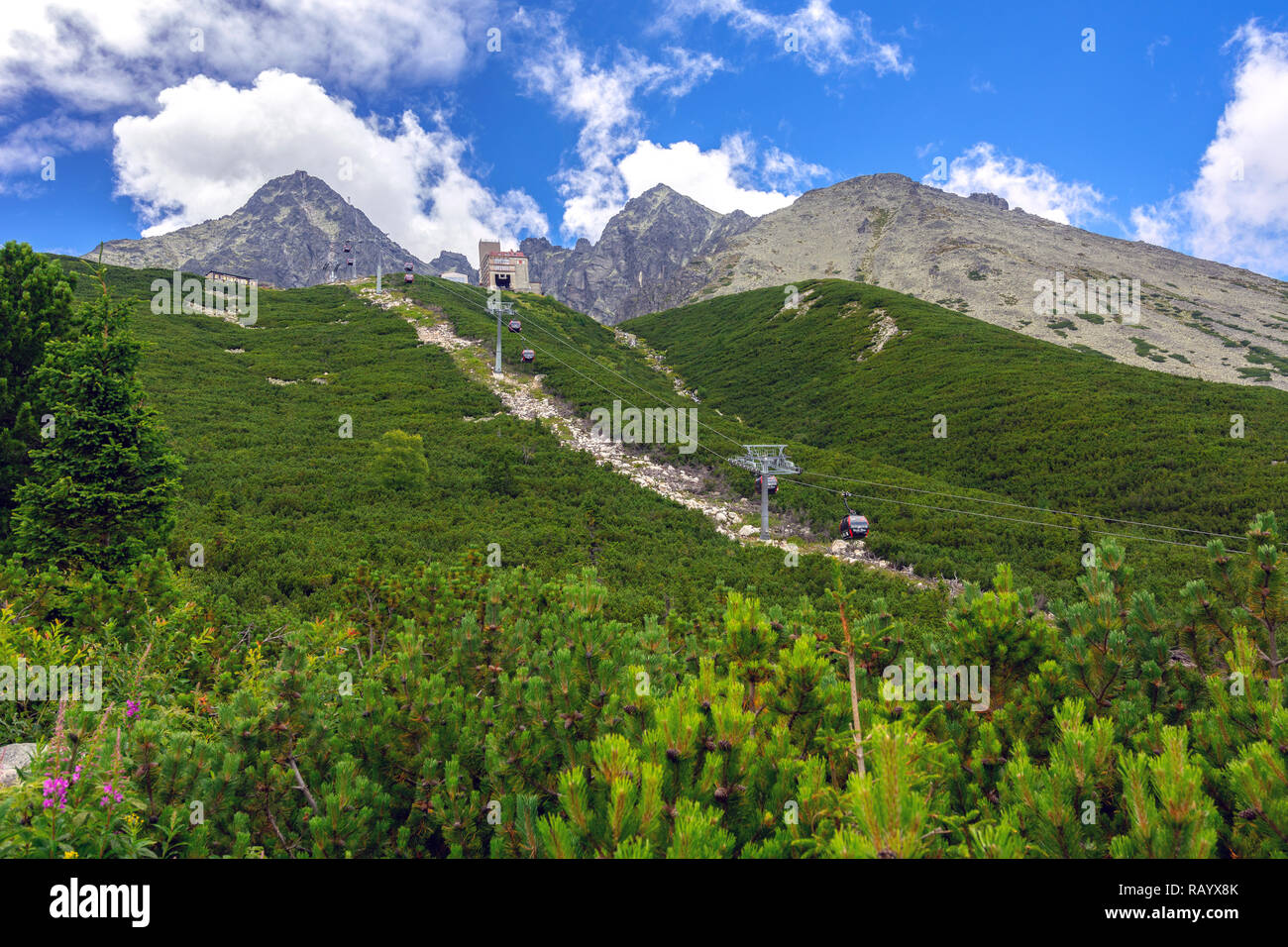 Tatranska Lomnica, Slovacchia - 15 Luglio 2018: La Gondola moderna funivia da Tatranska Lomnica Resort alla stazione Skalnate pleso negli Alti Tatra. Foto Stock