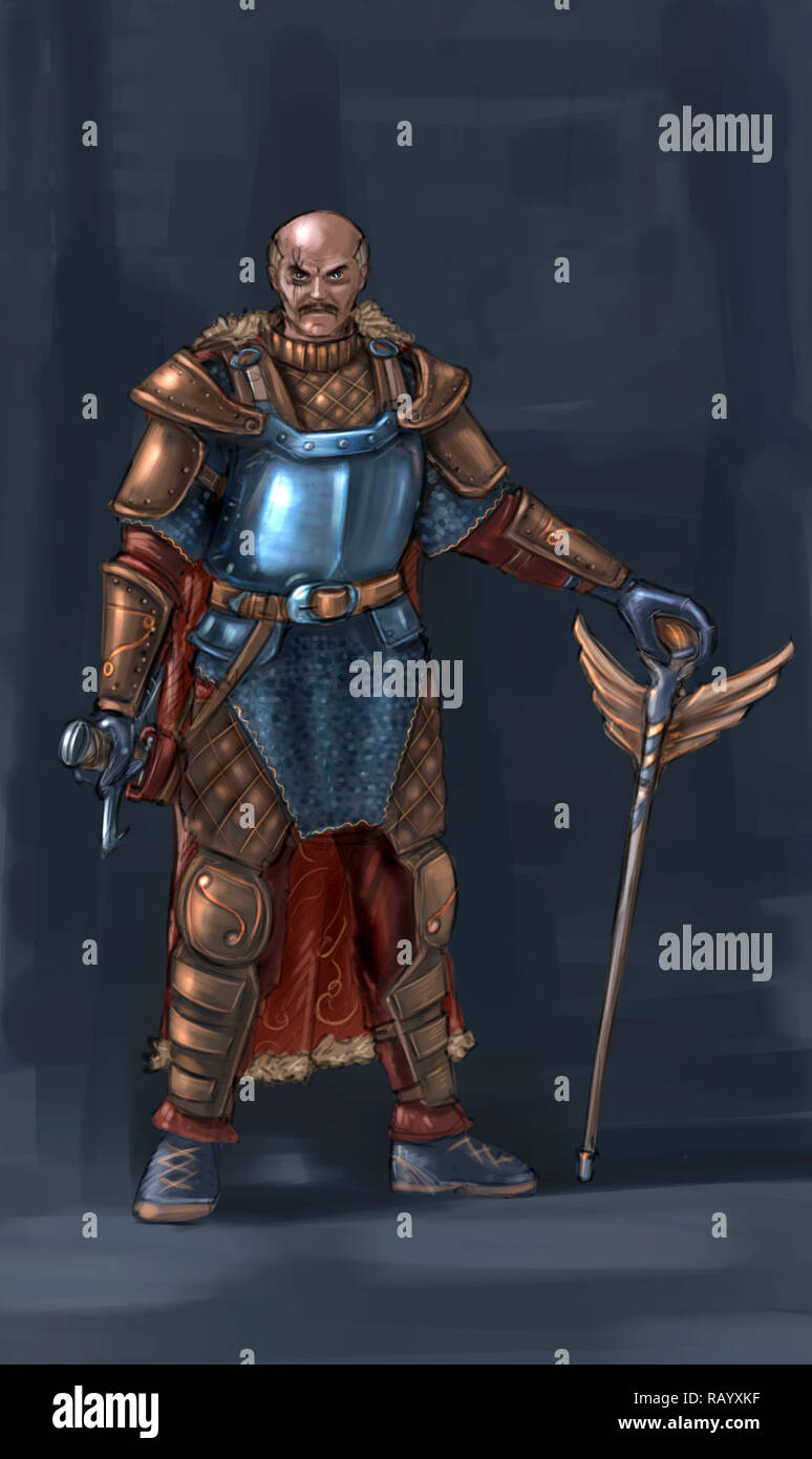 Concept Art Fantasy illustrazione del cavaliere guerriero in armatura con la spada Foto Stock