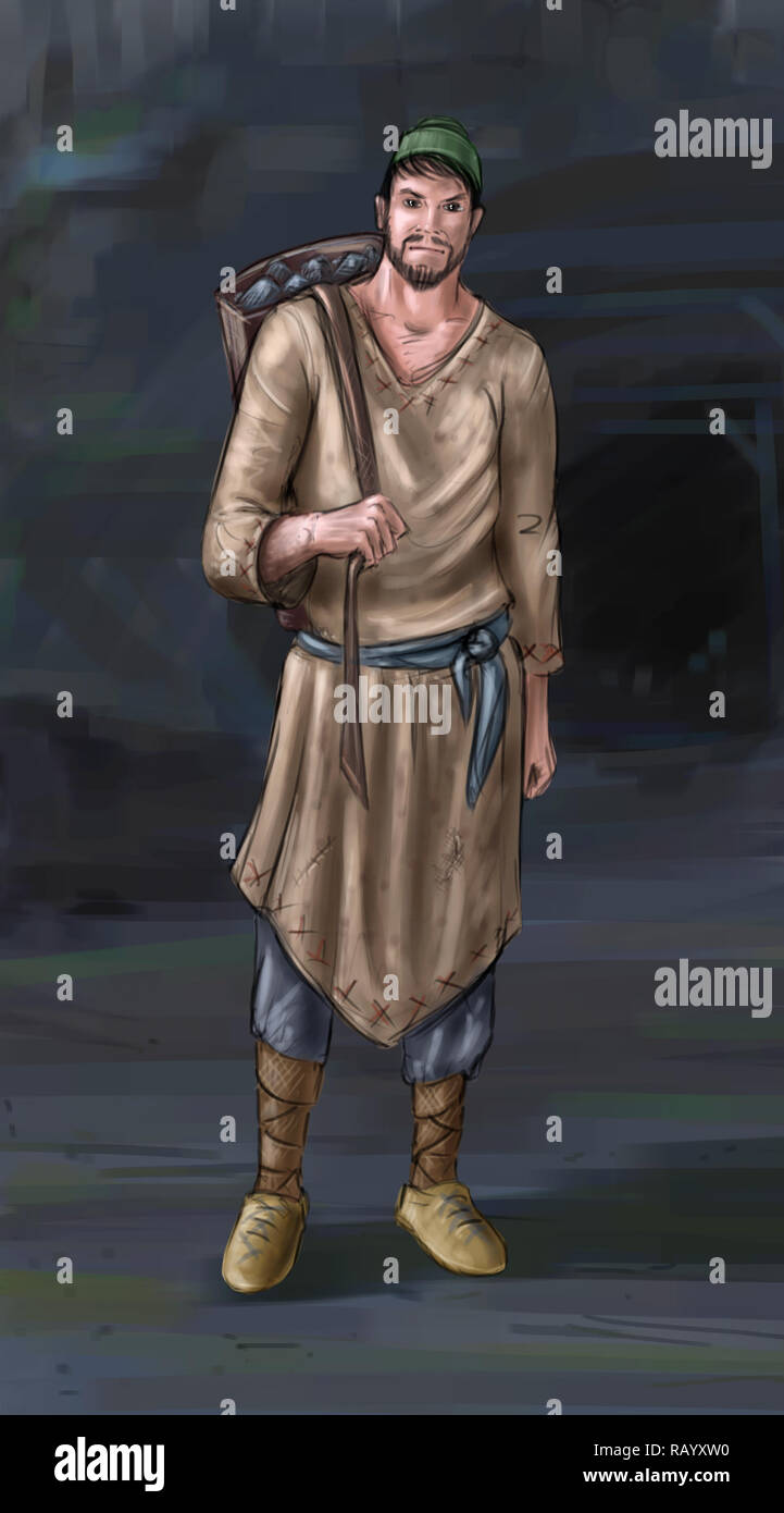 Concept Art Fantasy illustrazione di abitante, connazionale, il minatore o villaggio uomo con cesto posteriore o Pack Foto Stock