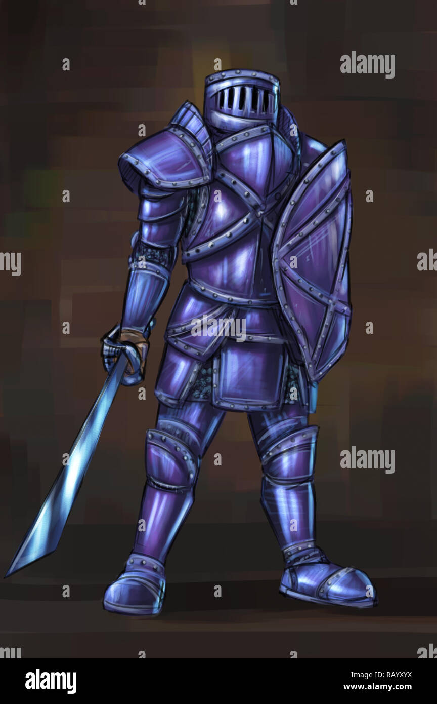 Concept Art Fantasy illustrazione del cavaliere guerriero in armatura completa Foto Stock
