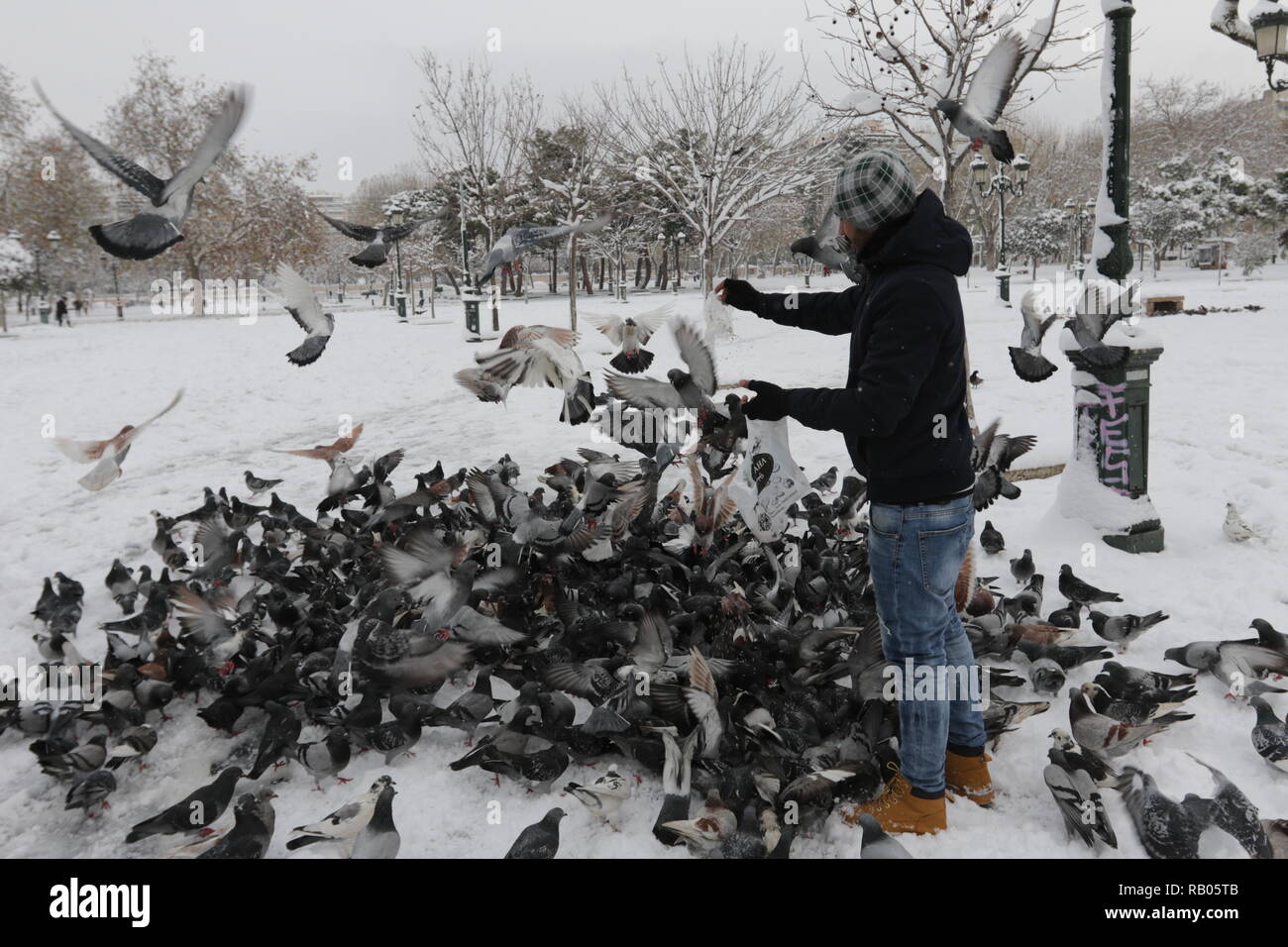 Salonicco, Grecia, 5 gennaio 2019. Tranciati coperta di neve del nord del porto greco città di Salonicco, come la Grecia è interessata da un fronte freddo portando nevicate e basse temperature in molte parti del paese. Credito : Orhan Tsolak / Alamy Live News Foto Stock