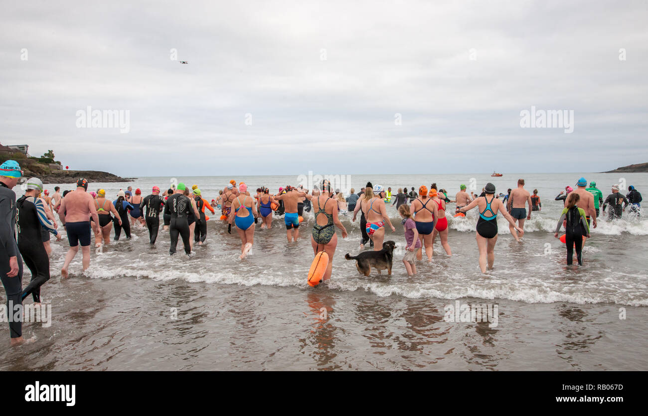 Fountainstown, Cork, Irlanda. 05 gennaio. 2019. Alcuni dei nuotatori voce per il mare in Carrigaline cantare o nuotare evento per raccogliere fondi per l'irlandese del motoneurone associazione malattia a Fountainstown Beach, Co. Cork, Irlanda. Credito: David Creedon/Alamy Live News Foto Stock