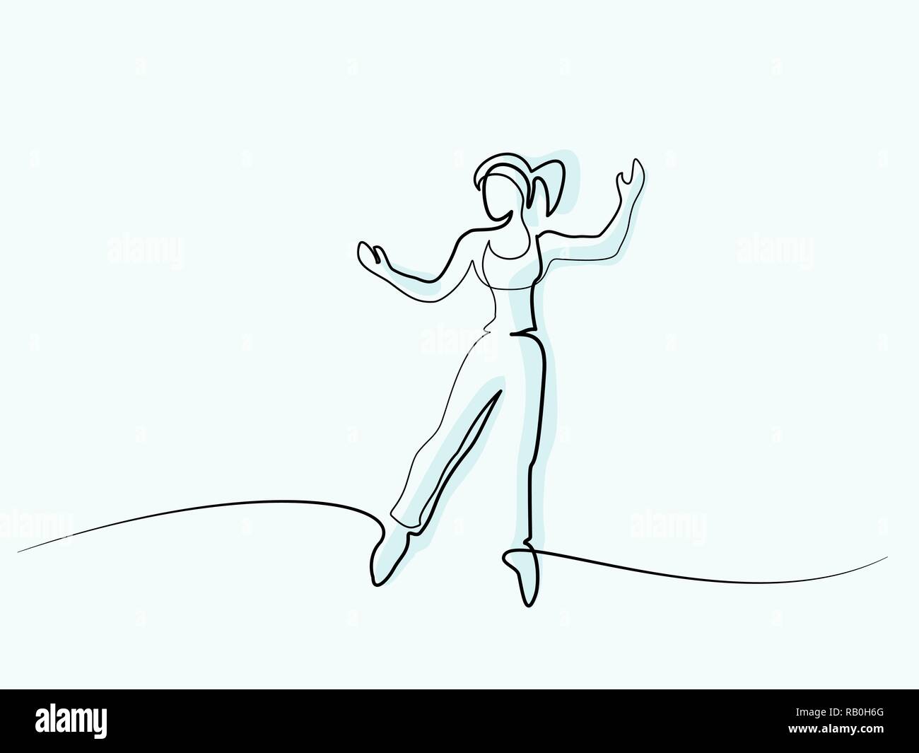 Linea continua di varie larghezze disegno. Happy jumping donna. Illustrazione Vettoriale Illustrazione Vettoriale
