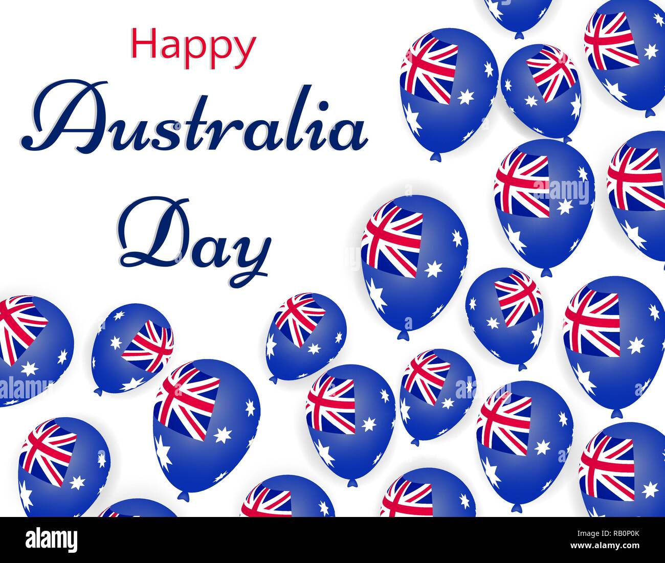 Australia felice giorno, palloni di elio con bandiera dell'Australia. Festive illustrazione vettoriale su sfondo bianco. biglietto di auguri o un banner pubblicitario Illustrazione Vettoriale
