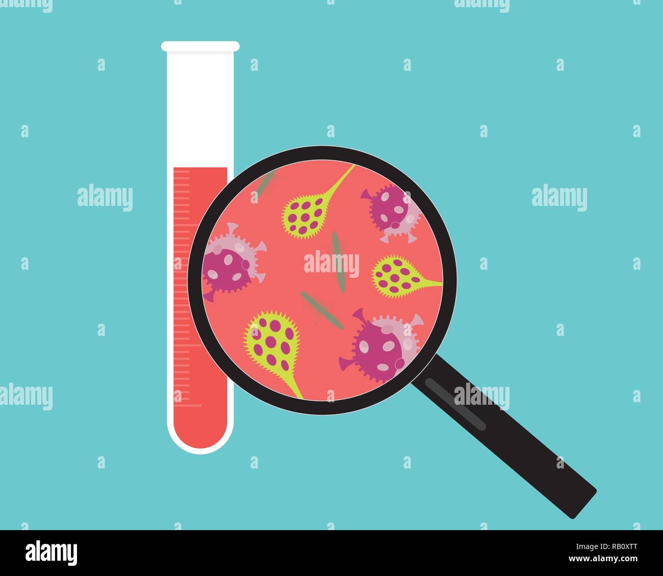 Design piatto illustrazione di un tubo con sangue, lente di ingrandimento e batteri o virus - vettore Illustrazione Vettoriale