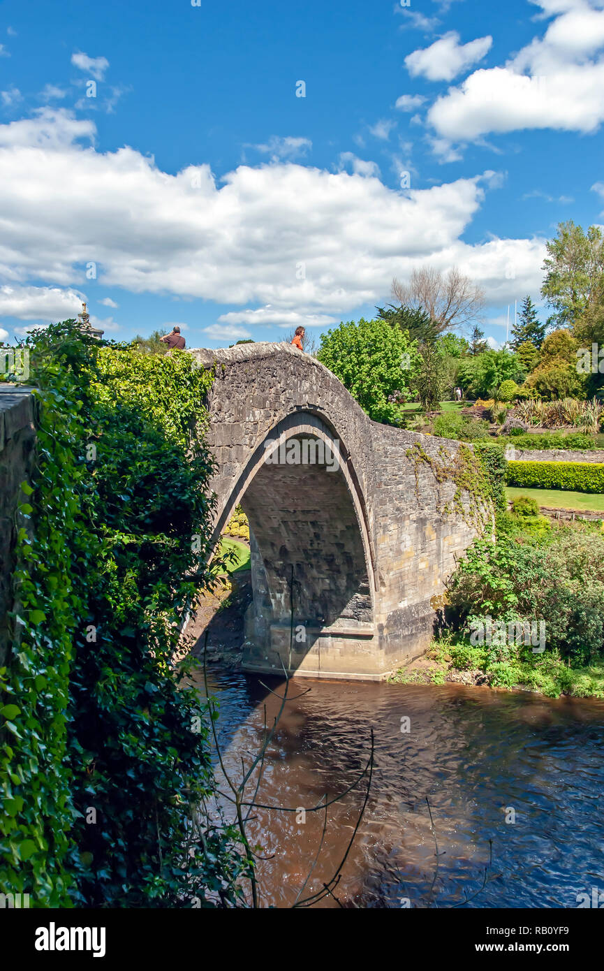 Brigantino medievale O'Doon ponte che attraversa il fiume Doon presso il Burns National Heritage Park Alloway in Scozia Foto Stock