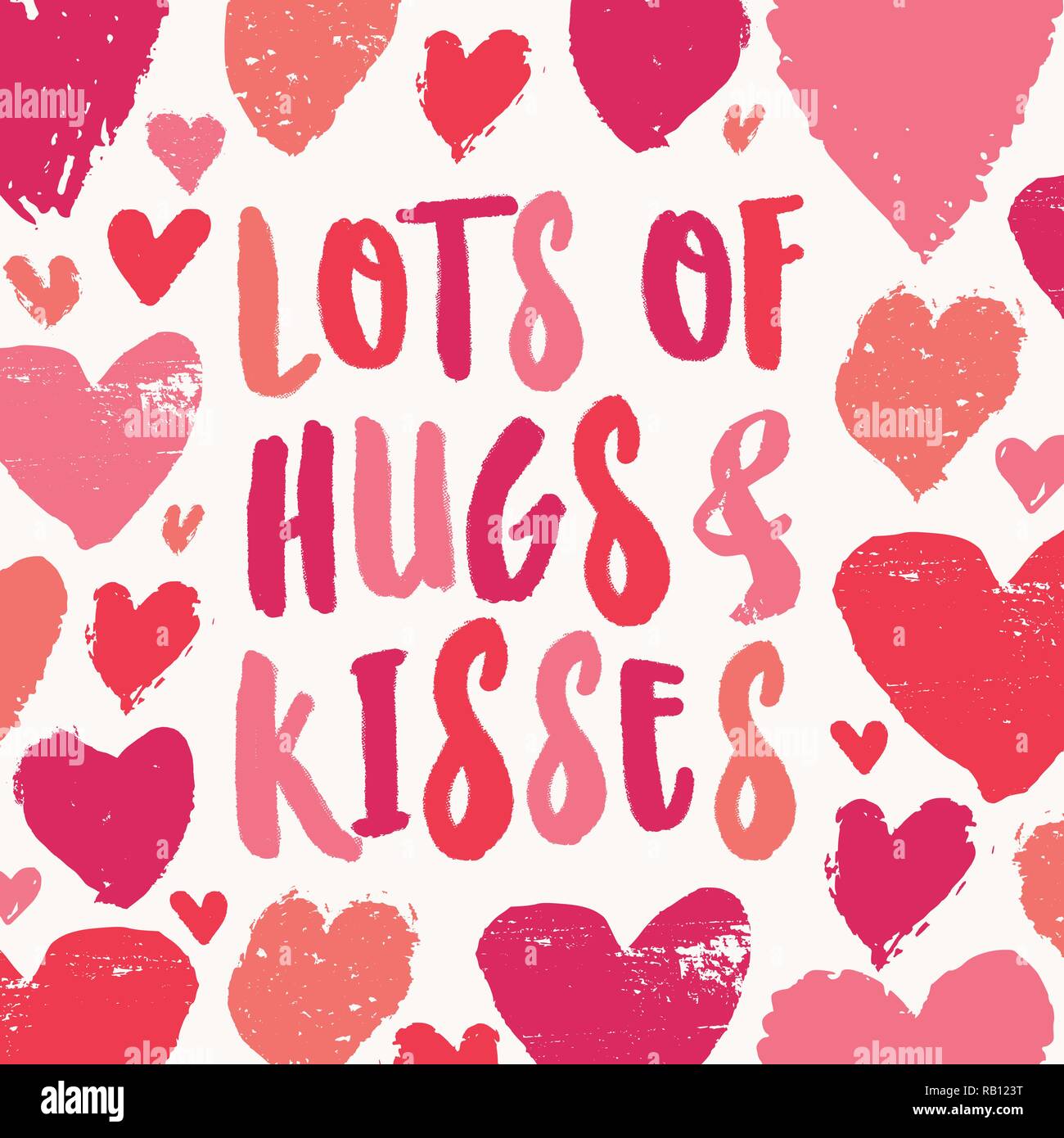 Un sacco di baci e abbracci. Il giorno di San Valentino biglietto di auguri modello con colorato disegno tipografica e cuori su sfondo bianco. Carino e giocoso vect Illustrazione Vettoriale