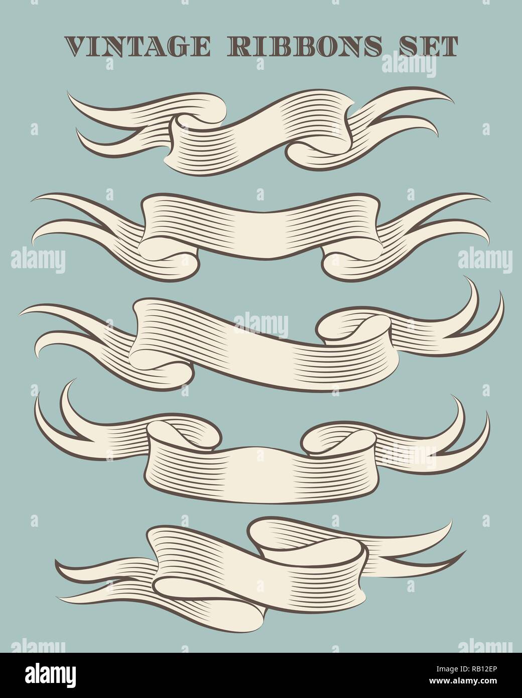 Set di fatto a mano nastri Vintage disegnato in stile di incisione. Illustrazione Vettoriale. Illustrazione Vettoriale