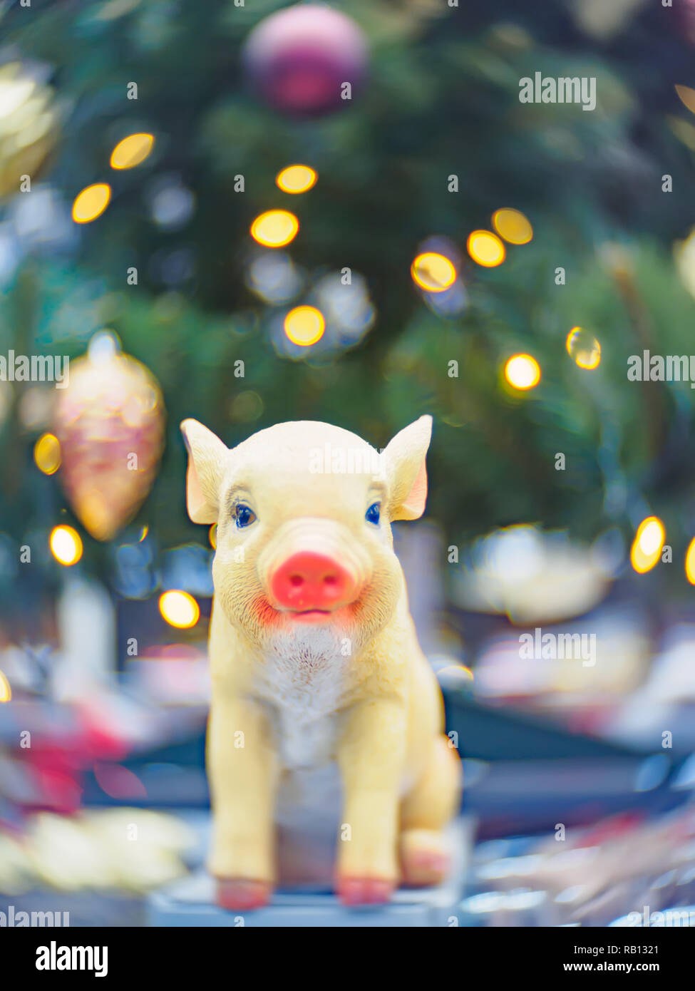 Le decorazioni di Natale e giocattoli. Natale e Anno Nuovo festosa di soft-focalizzato lo sfondo con un maiale come un simbolo del nuovo anno. Foto Stock