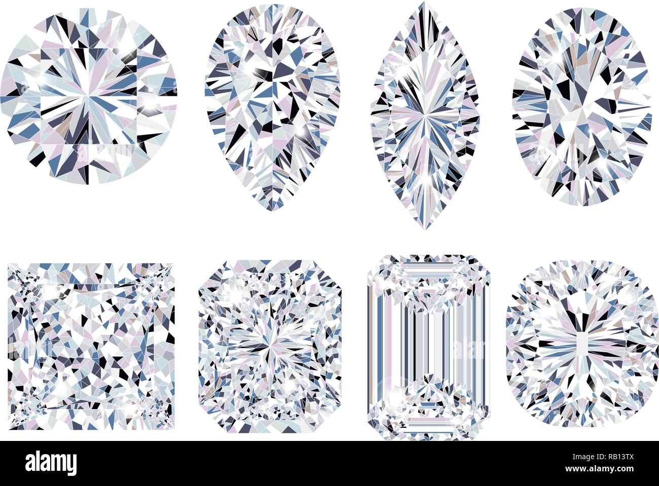 Set di acqua frizzante chiaro diamanti di varie forma di taglio. Vista superiore Illustrazione Vettoriale