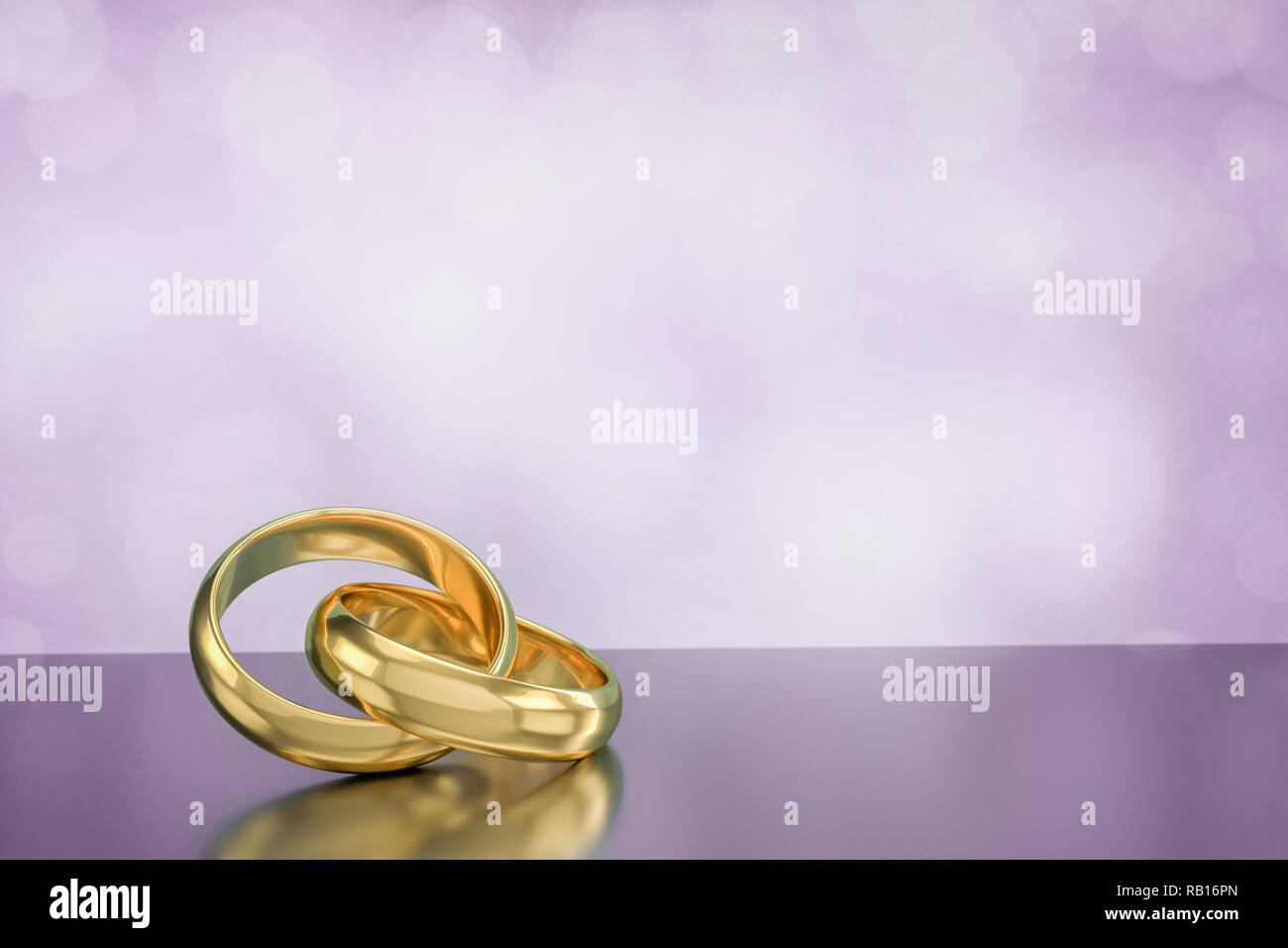 Paio di oro gli anelli di nozze su sfondo bokeh di fondo,3d rendering Foto Stock