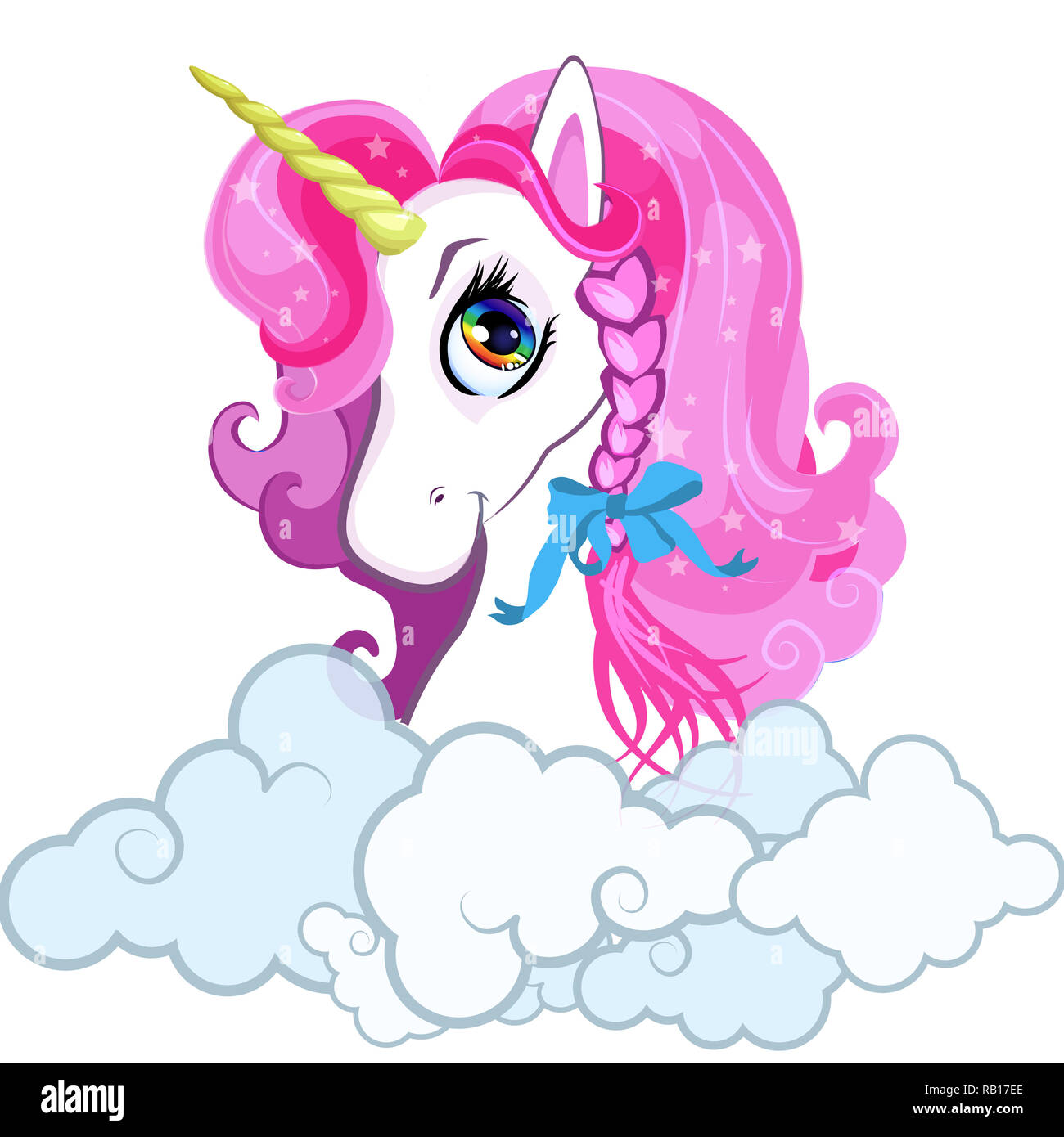 Cartoon pony bianco unicorn testa con capelli rosa ritratto in parentesi nuvole isolati su sfondo bianco. illustrazione, icona, adesivo, clip art per t-shir Foto Stock