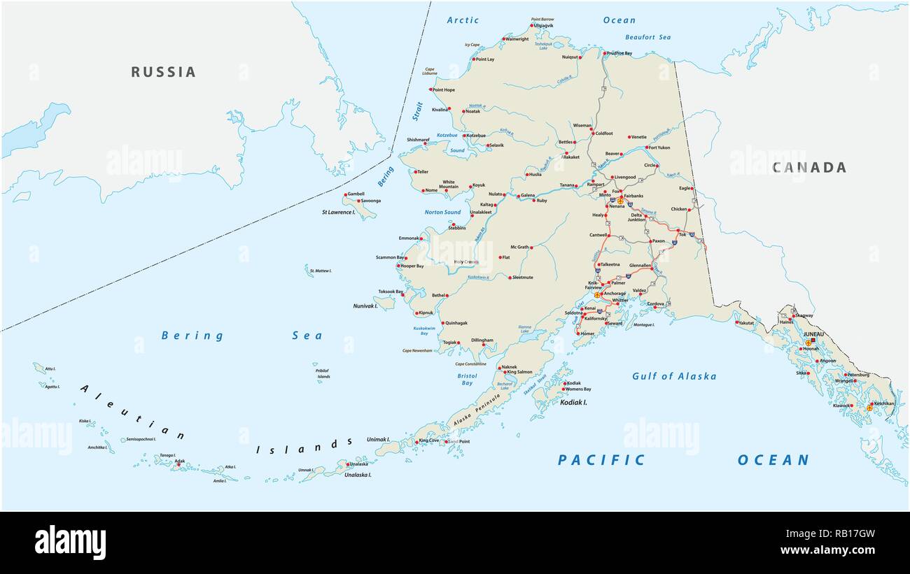Vettore mappa stradale del nord dello stato americano di Alaska, Stati Uniti d'America Illustrazione Vettoriale
