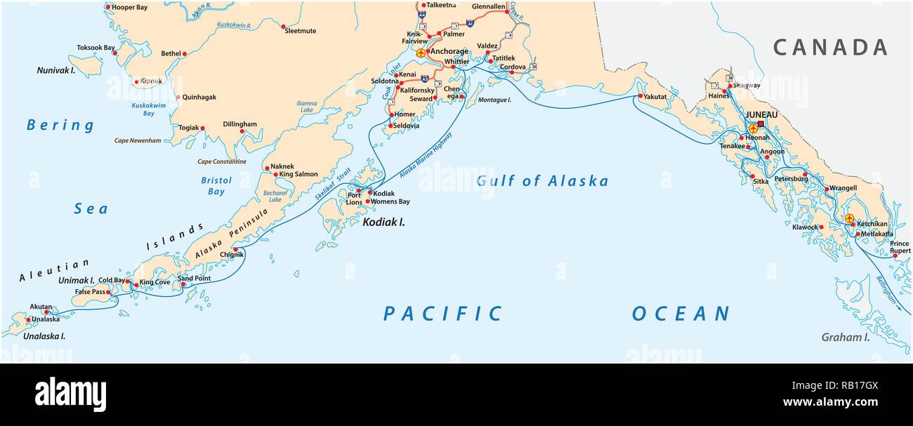 Mappa dell'Alaska Marine Highway System, traghetto, Stati Uniti Illustrazione Vettoriale