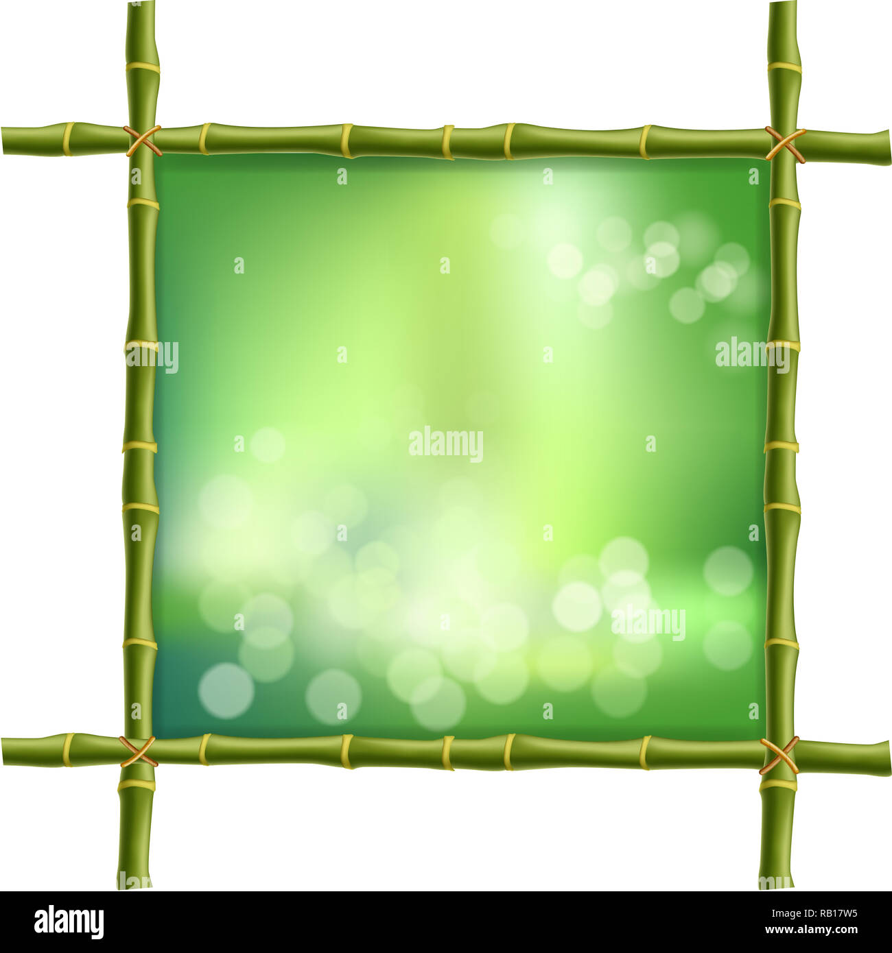 Illustrazione del quadrato verde steli di bambù border frame, sfocatura dello sfondo bokeh di fondo e sfocata cerchi bianchi all'interno isolato su bianco. Concetto astratto trop Foto Stock