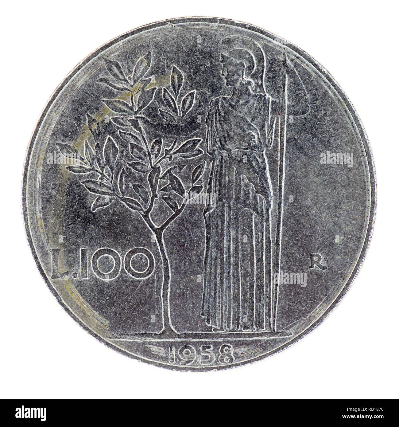 Italian pre-Euro 100 Lira moneta datata 1958 Foto Stock
