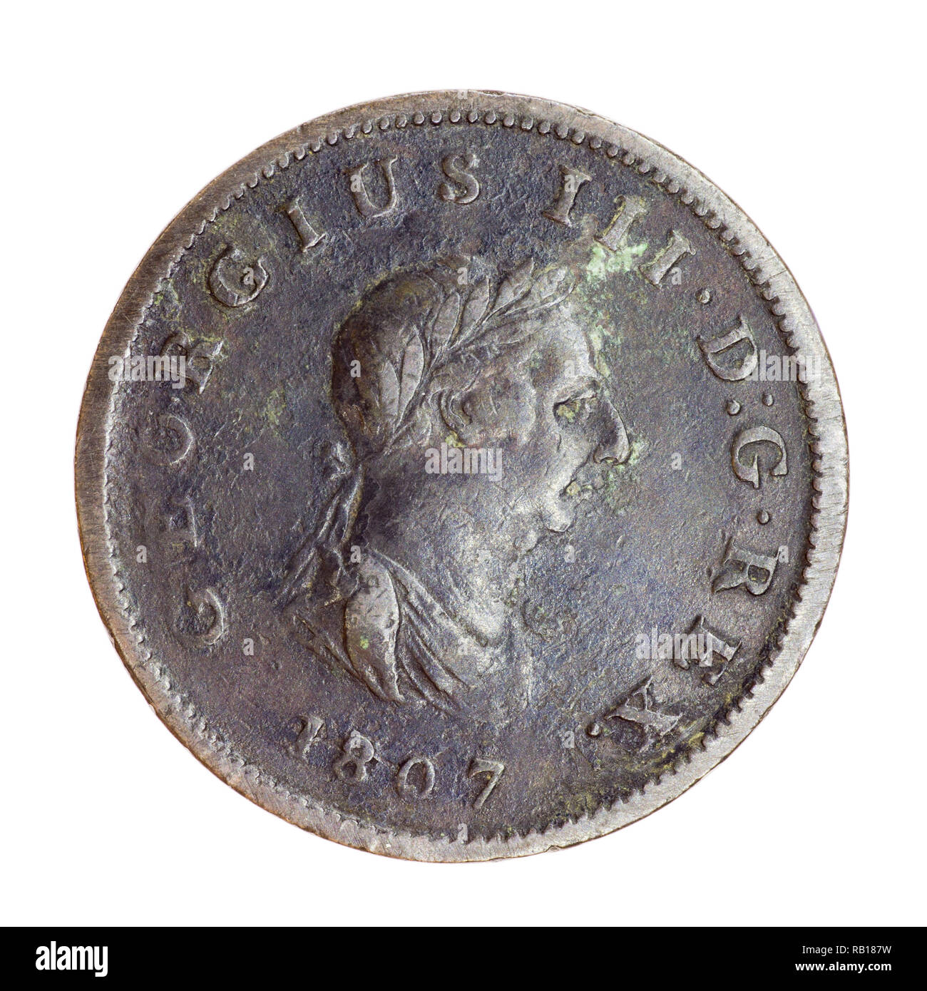 1807 British Penny moneta con George III CAPO Foto Stock