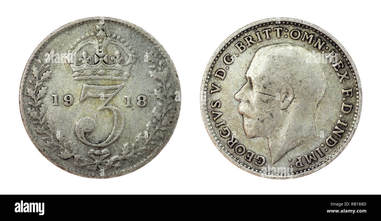 1918 British silver tre Penny coin Foto Stock