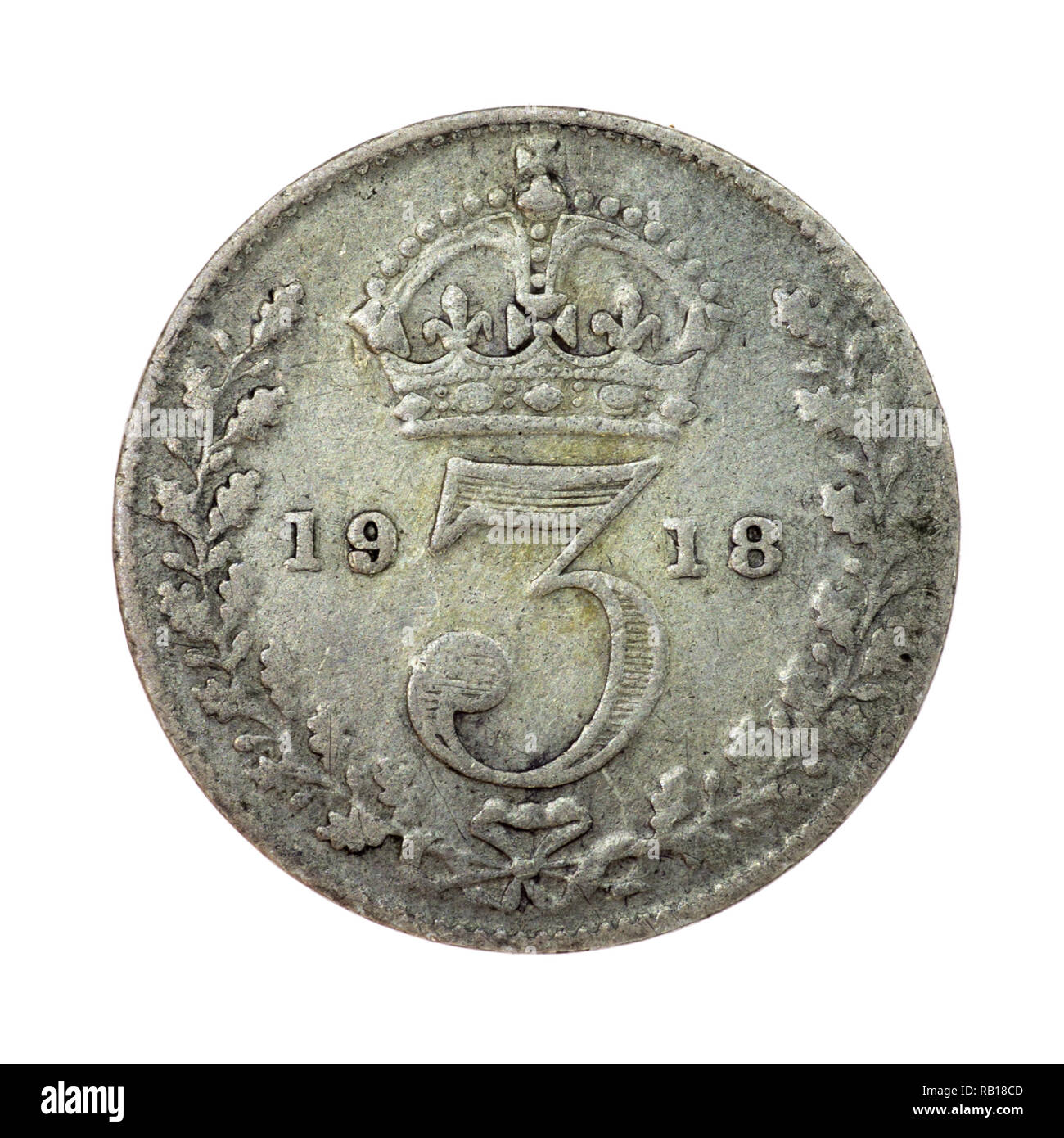 1918 British silver tre Penny coin Foto Stock