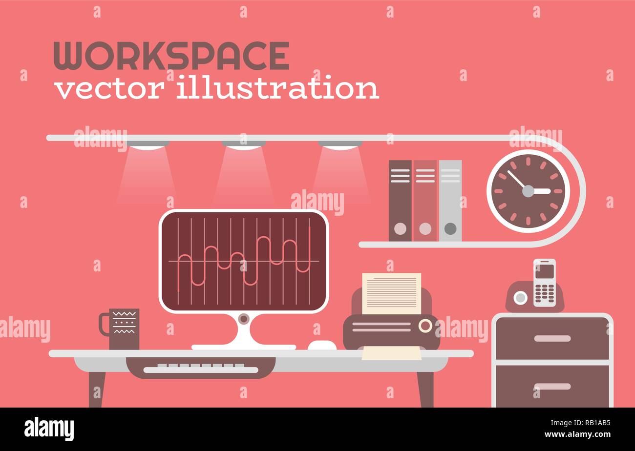 Uno stile piatto area di lavoro in un ufficio illustrazione vettoriale. Designer desktop isolati su uno sfondo di colore rosso. Illustrazione Vettoriale