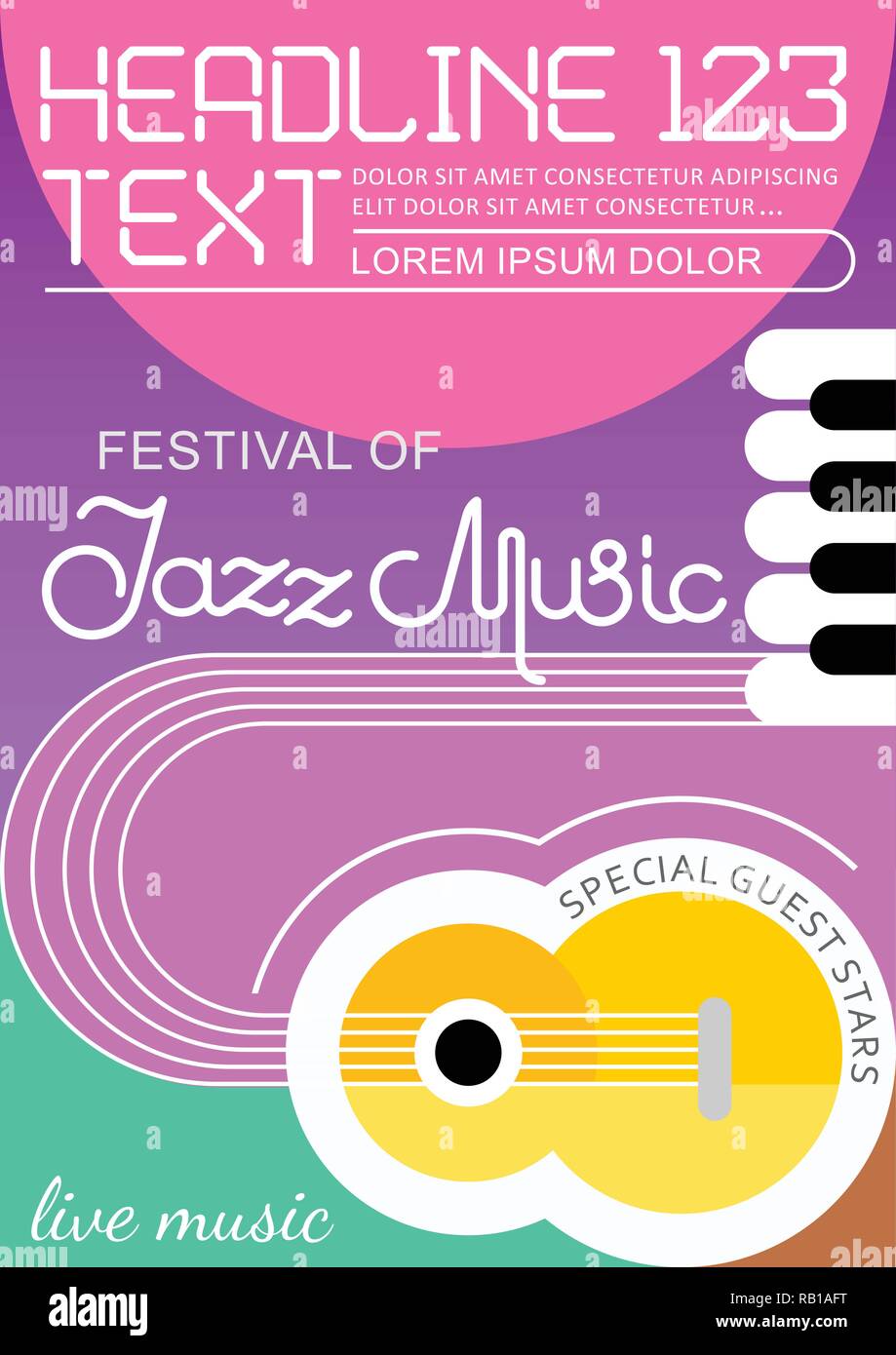 Festival di musica Jazz poster design modello di chitarra e pianoforte chiave e il testo in formato A4. Illustrazione Vettoriale