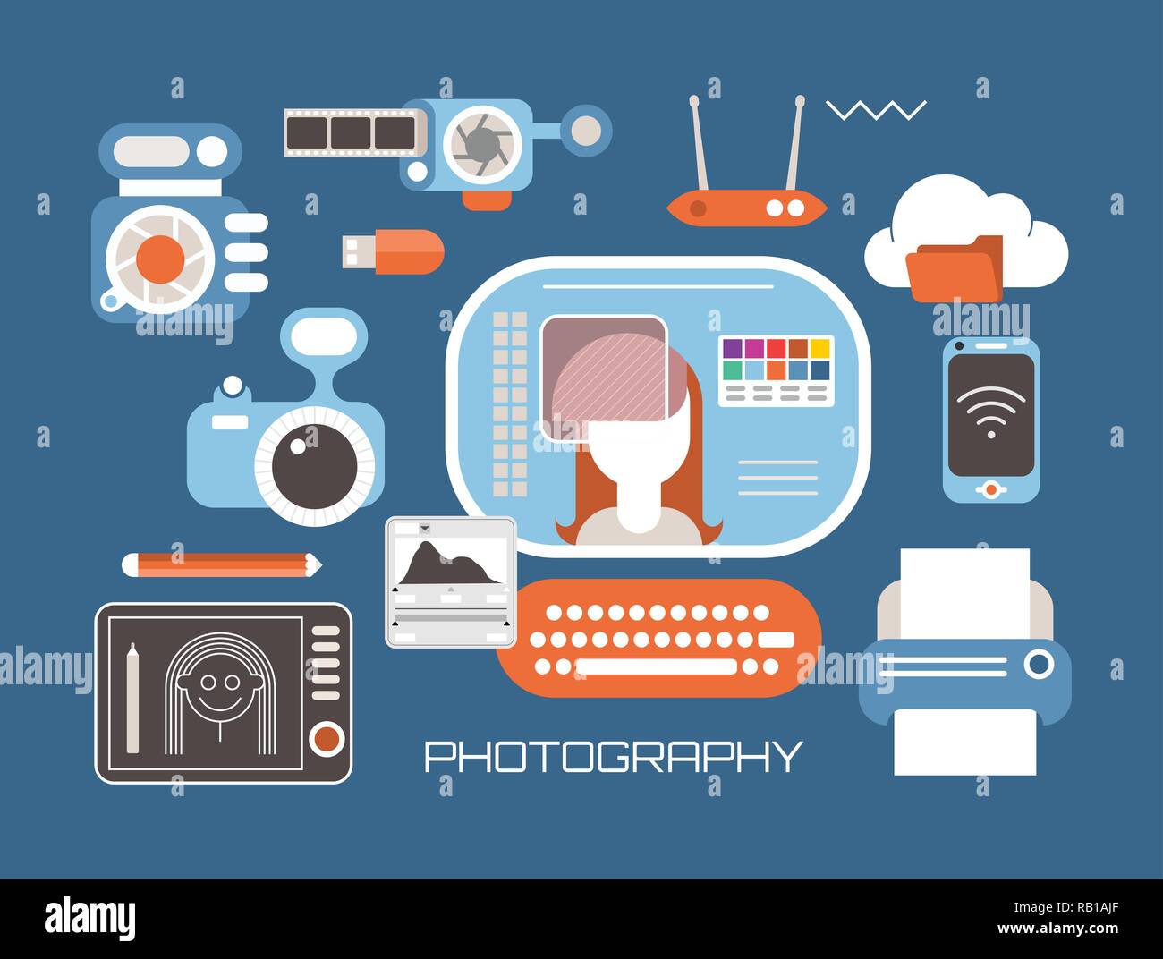Fotografia e editing di foto illustrazione vettoriale. Impostare con la professional photo equipment, computer tavoletta grafica e stampante, laici piana. Illustrazione Vettoriale